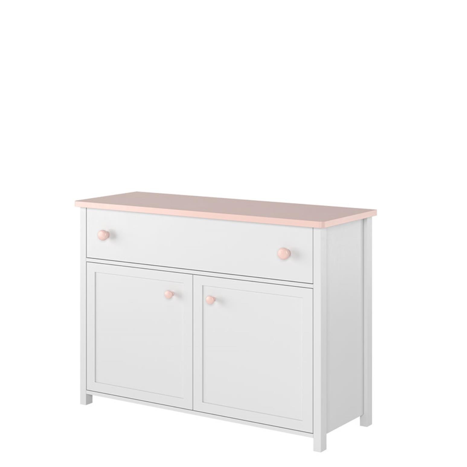 Elegancka komoda dwudrzwiowa z szufladą LUNA – biało-różowa do pokoju dziewczęcego