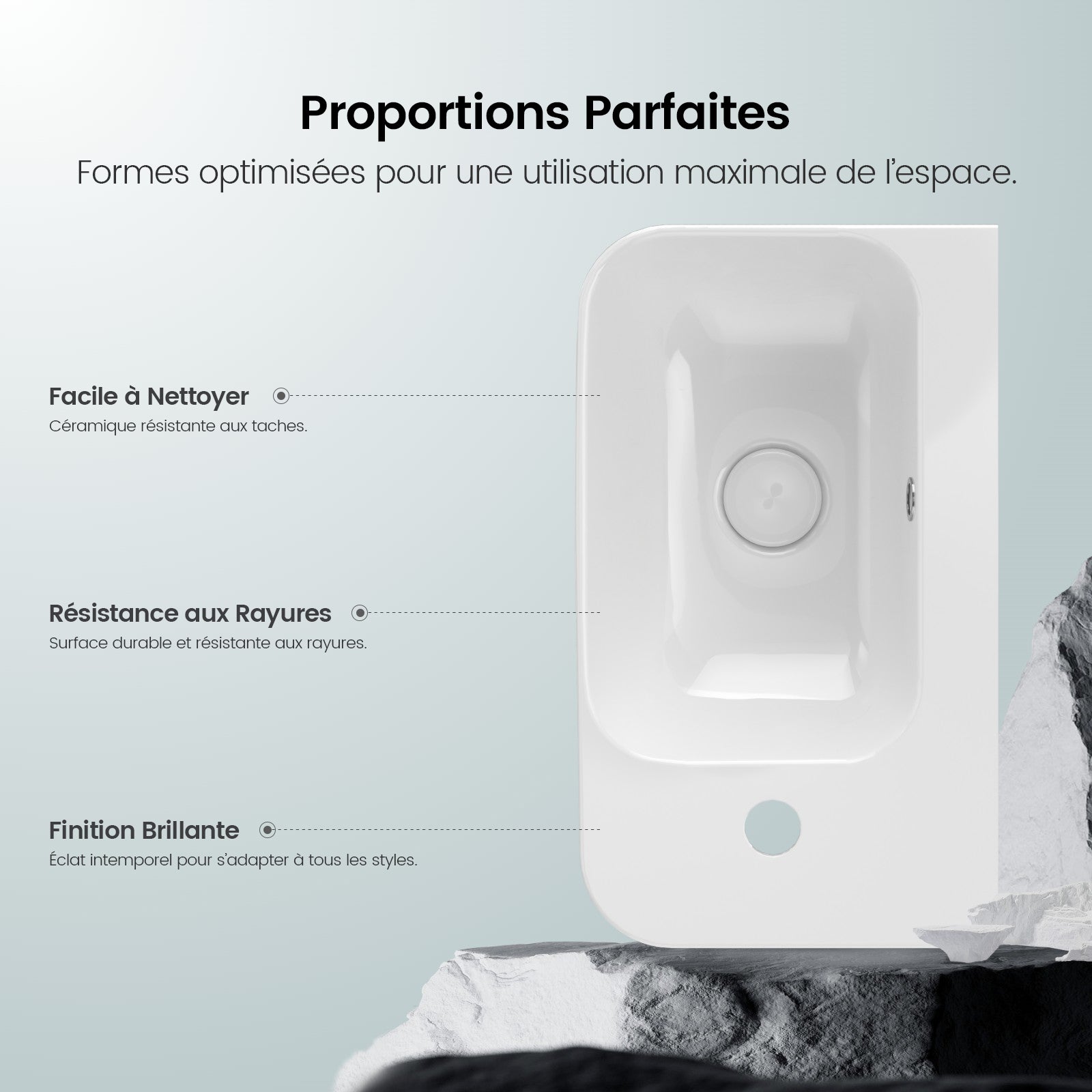 EMKE Lavabo mural rectangulaire en céramique 40,5 x 28 x 14 cm, trou de robinet à droite, blanc brillant - 4