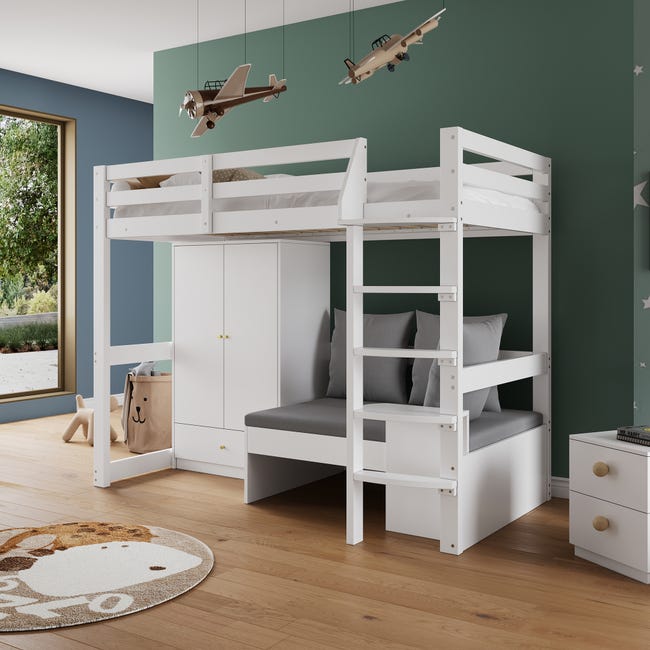 Letto a soppalco in legno 90×200 cm bianco multifunzione, scala