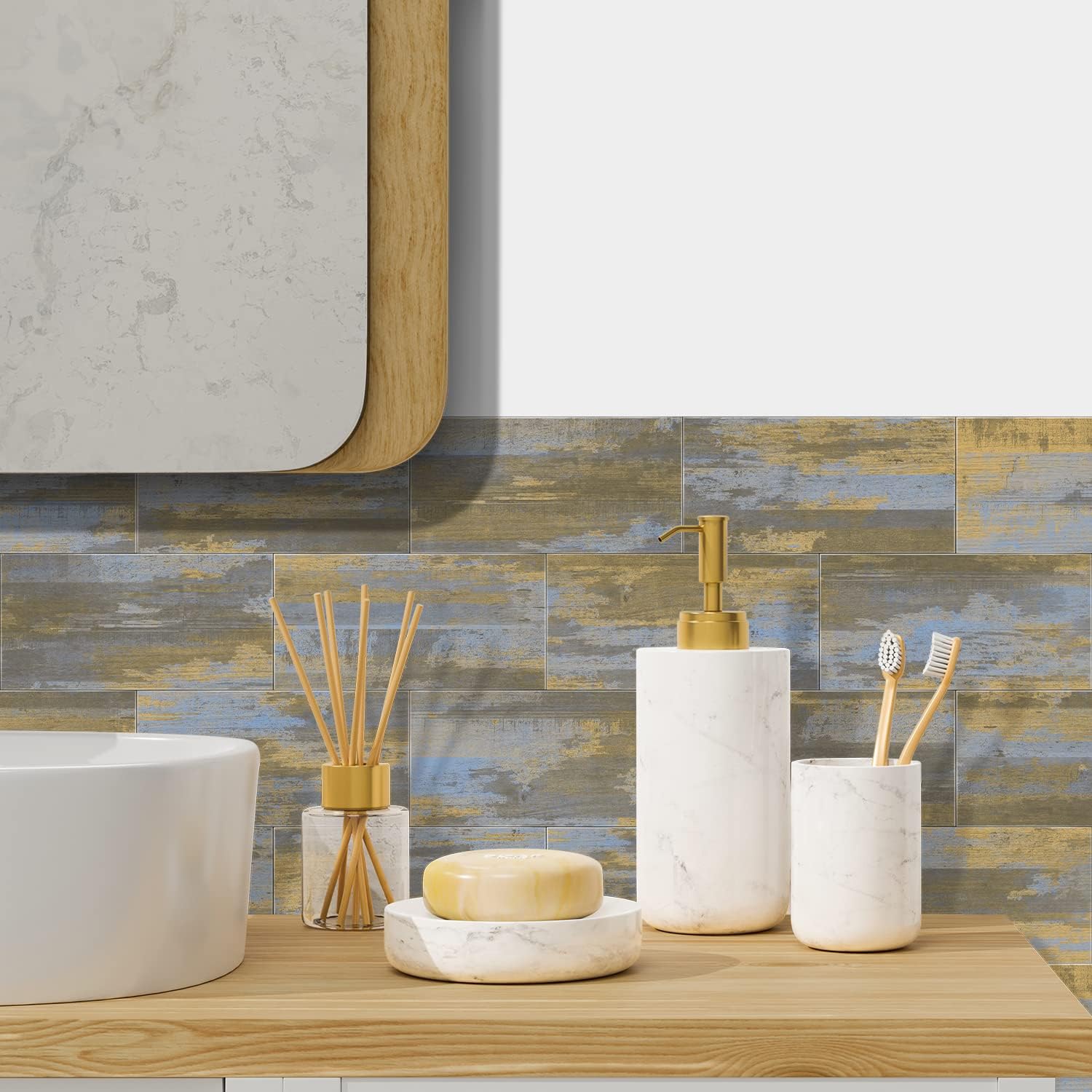 Rivestimento per Parete 3D Giallo Marmorizzato - 16 Pannelli Impermeabili, Anti-Umidità e Anti-Muffa per Cucina e Bagno - 4