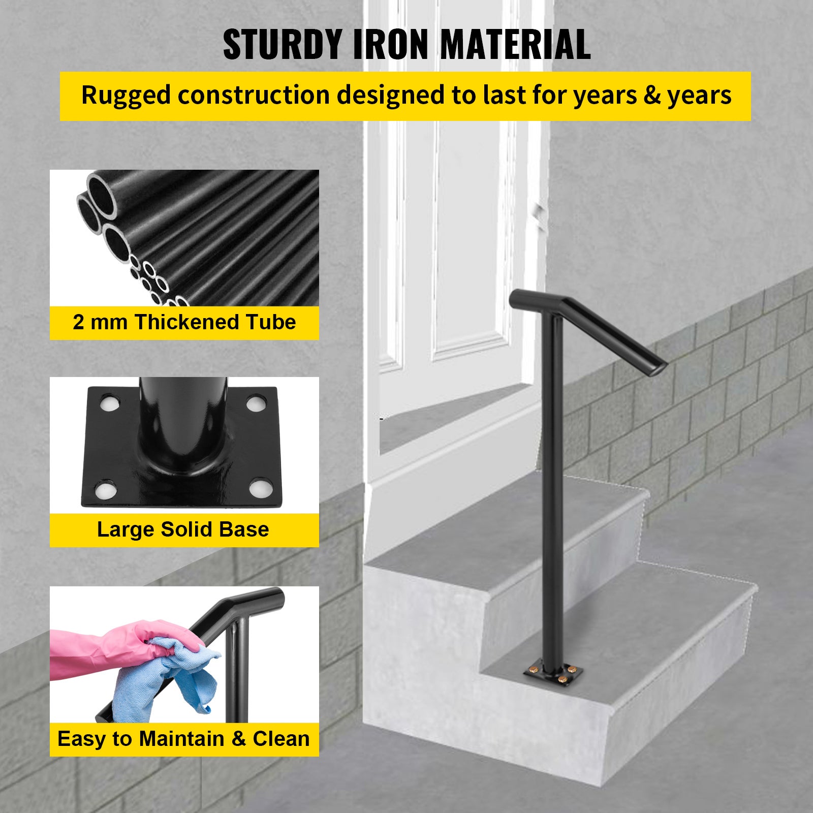 Rampe Ronde Métal SucceBuy 2 Marches Escalier Extérieur 18L x 38H Pouces Poteau Boulonné Inclus - 7