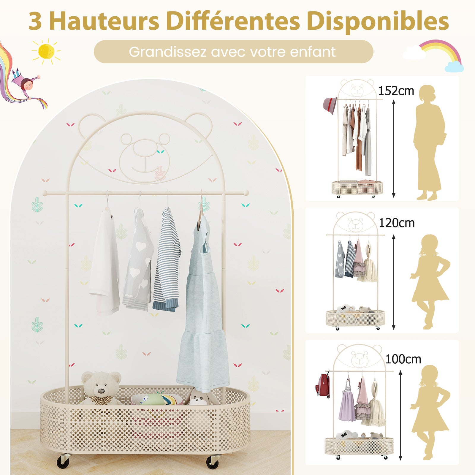 Portant à Vêtements Enfant en Forme d'Ours avec 3 Hauteurs Réglables, Garde-Robe Enfant en Métal avec Panier Inférieur Chambre d'enfant, Beige - 4