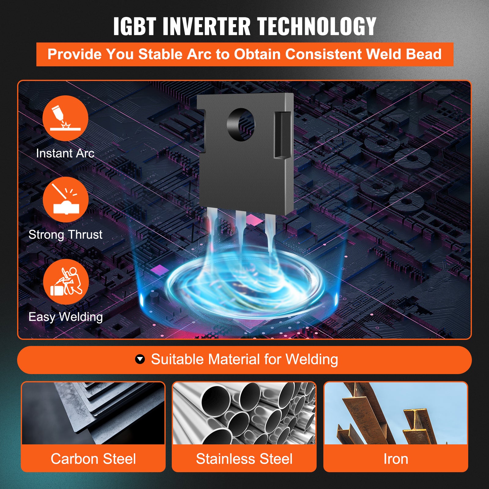 Poste à Souder VEVOR MIG-200 3-en-1 MIG/MMA/TIG 200A IGBT/Inverter Soude Inverseur à Fil Fourré Machine à Souder Soude Acier au Carbone Fer Acier Inox - 3