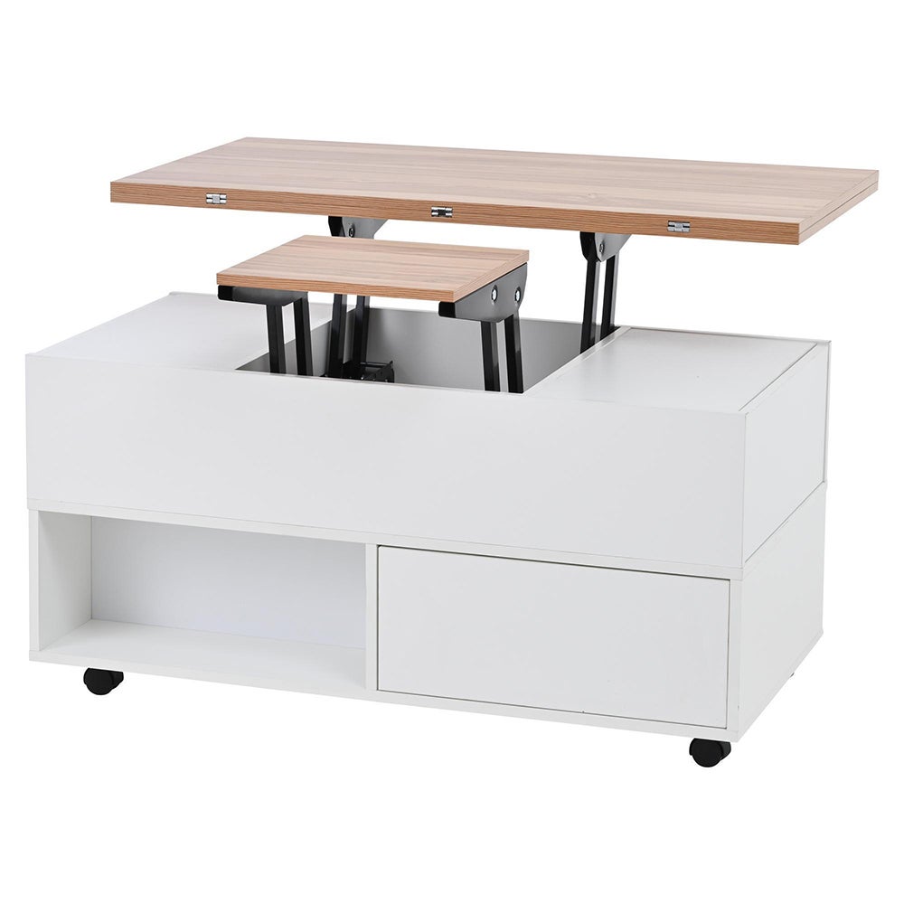 Table basse avec 4 roulettes 4 tiroirs relevable réglable en hauteur avec espace de rangement blanc - 4