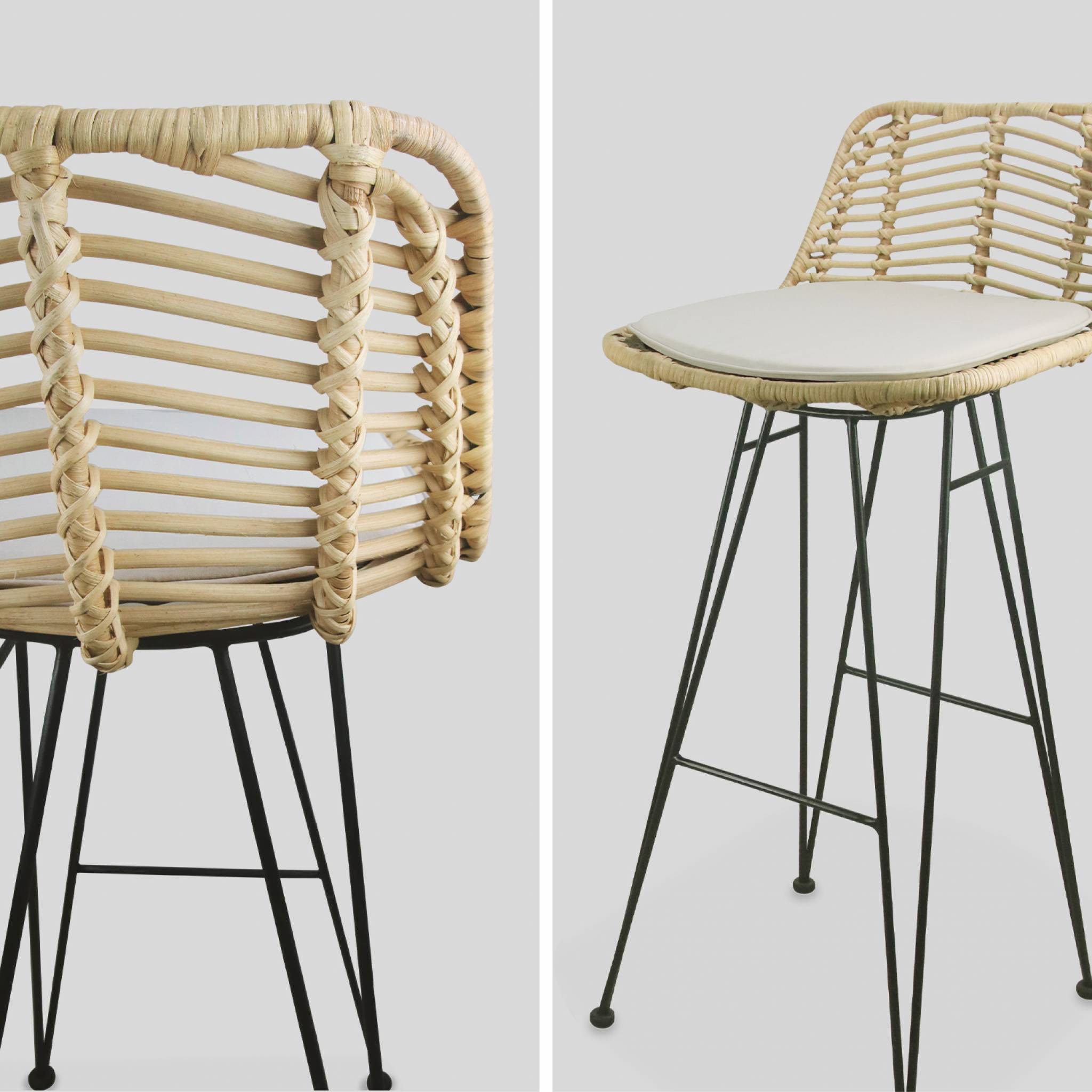 Lot de 2 tabourets de bar 75cm. métal et rotin. assise beige - Cahya CAHYA - 7