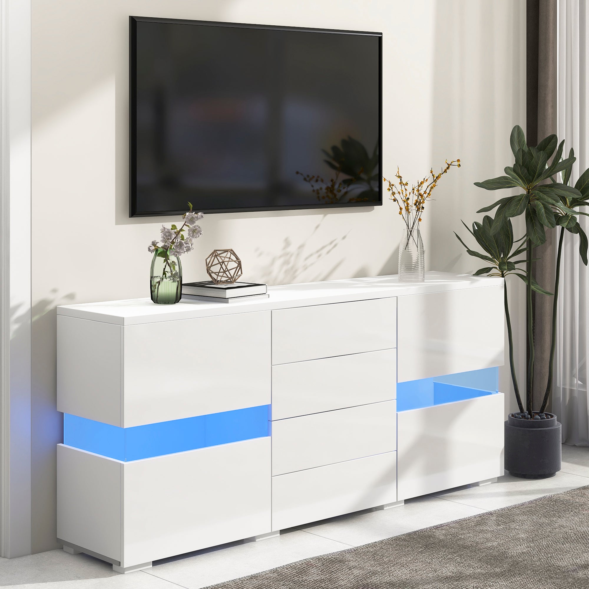 Komoda niska z oświetleniem LED - 2 drzwi i 4 szuflady - biała