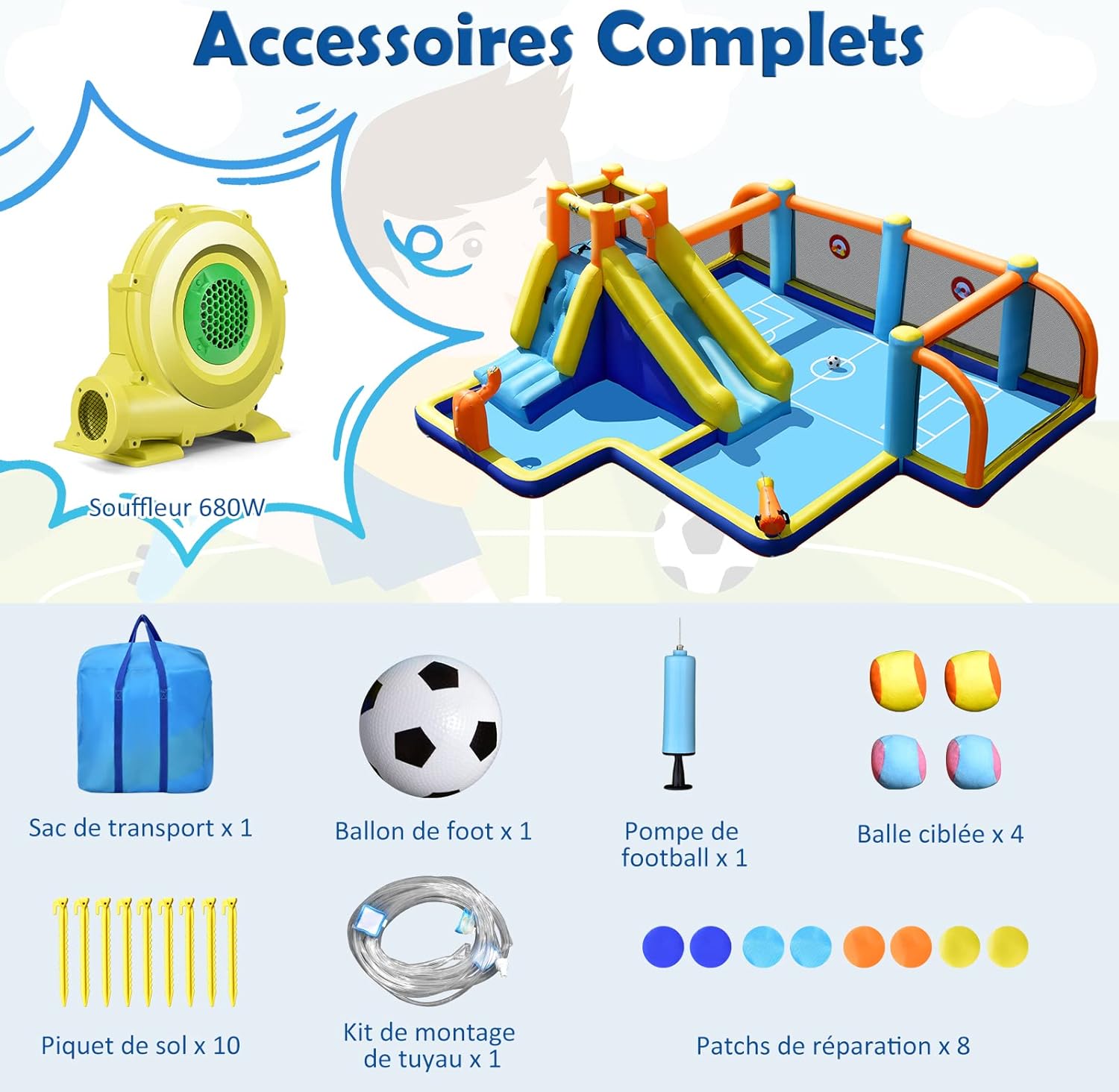 Castelo Inflável com Soprador 680W, Escorrega Aquático, Parede de Escalada, Piscina, Campo de Futebol Jogo de Dardos para Crianças 3-12 Anos - 9