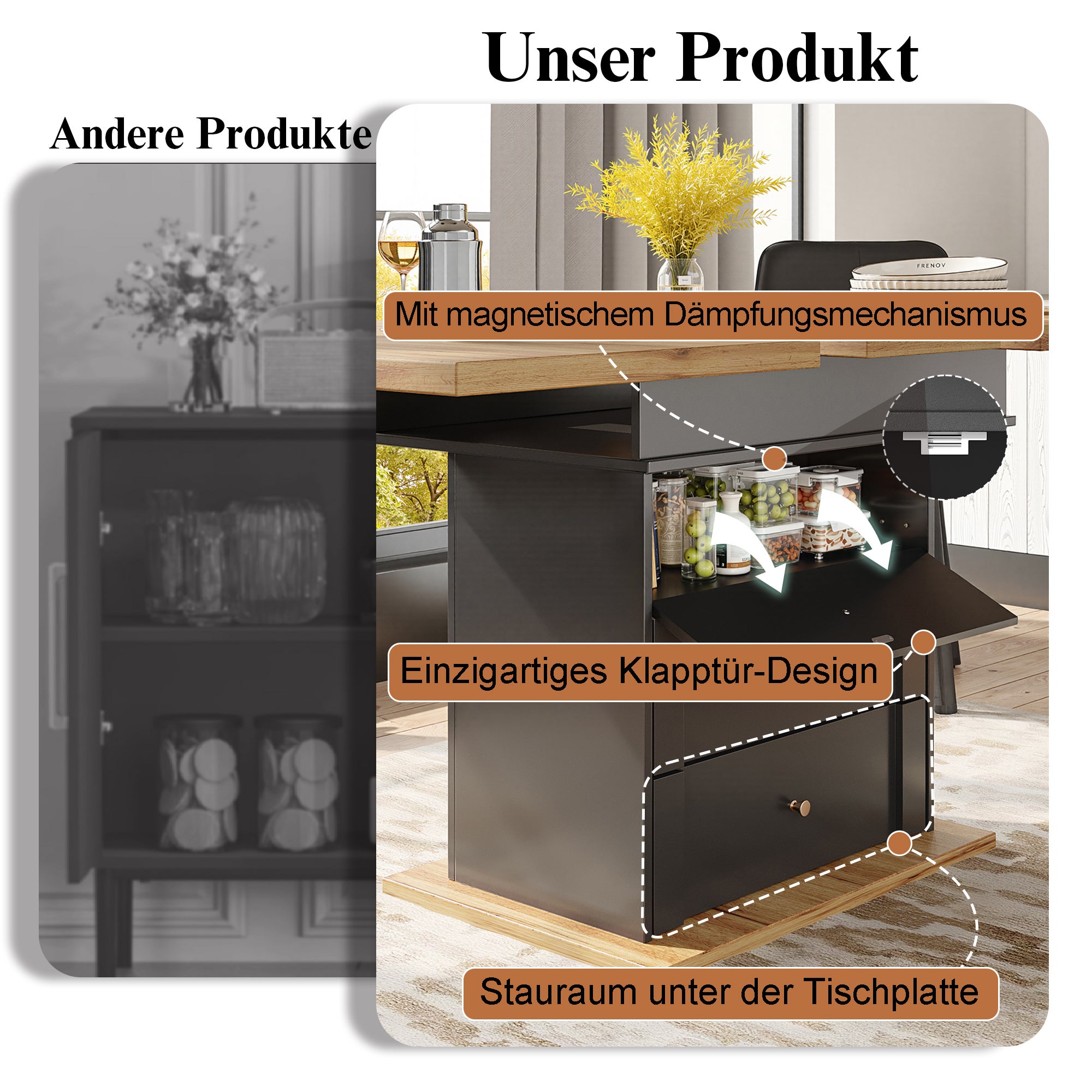 Rozkładany stół jadalny dla 4-6 osób z 1 drzwiami i 2 szufladami - 110/140 x 80 x 75 cm - MDF - Czarny + naturalny - 6