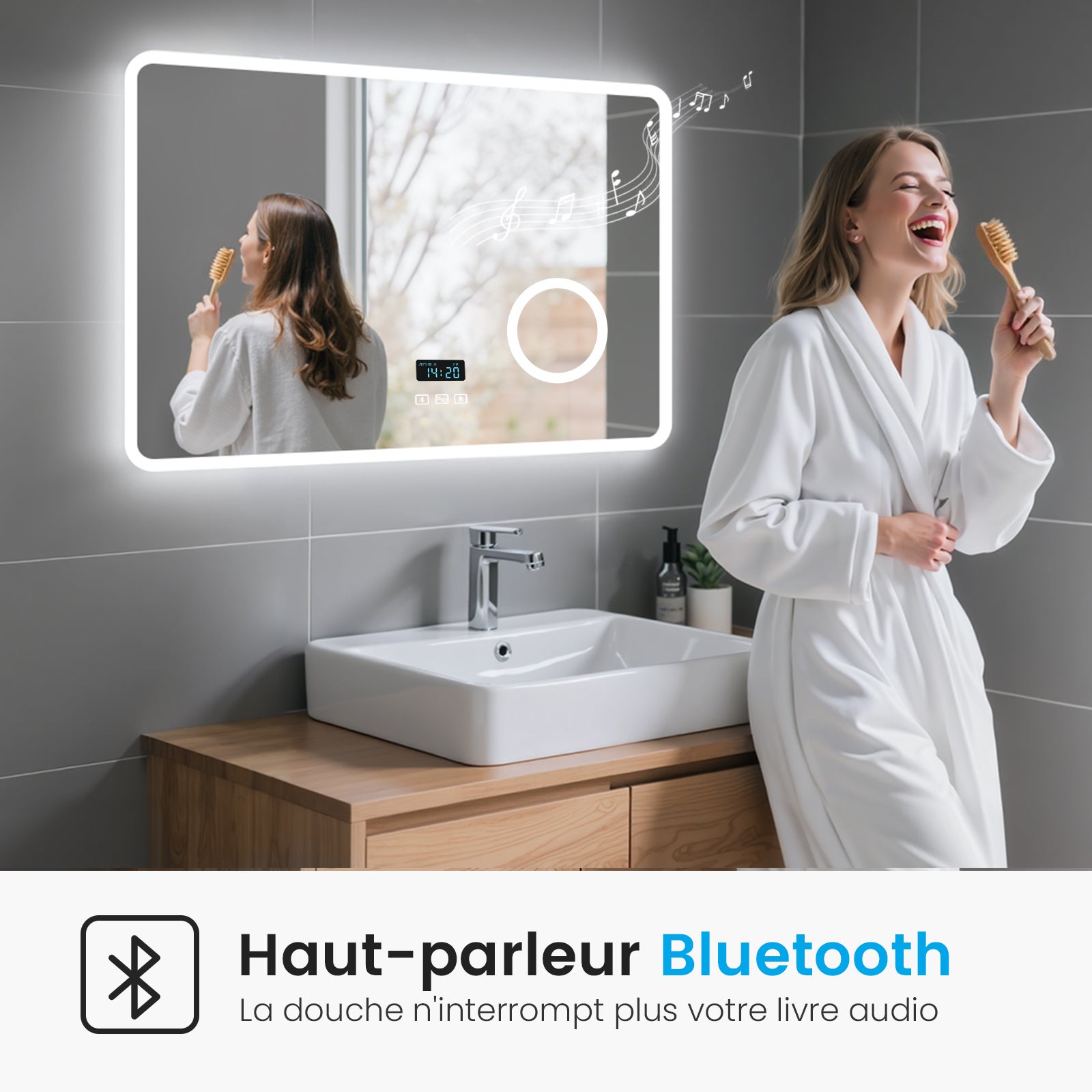 Heilmetz Miroir Salle de Bain LED 100x60 cm avec Bluetooth, Anti-buée, Éclairage 3 Couleurs, Horloge Digitale - 2