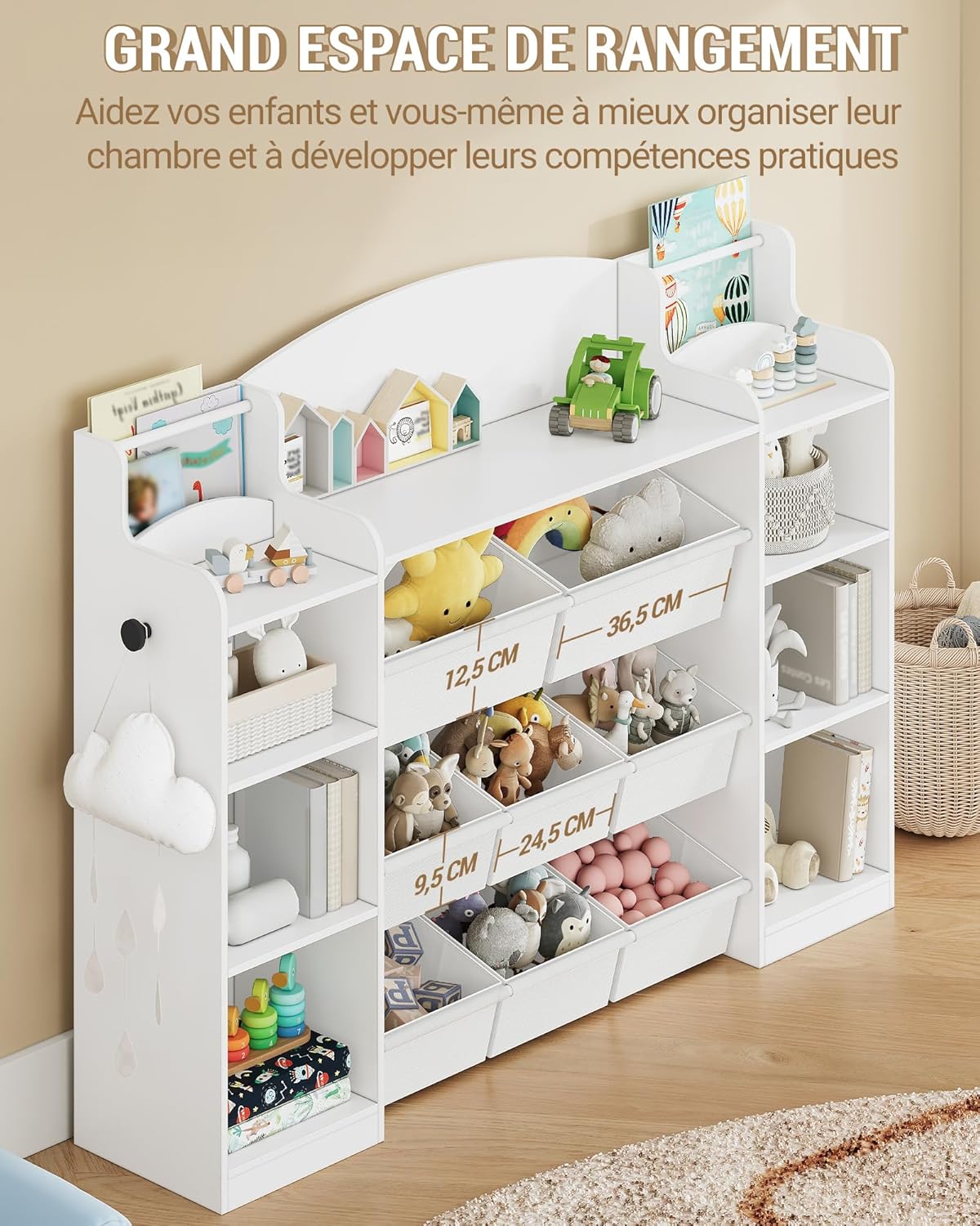 Estante infantil em madeira com 8 caixas em tecido não tecido para quarto de bebé e sala de estar, branca. - 5