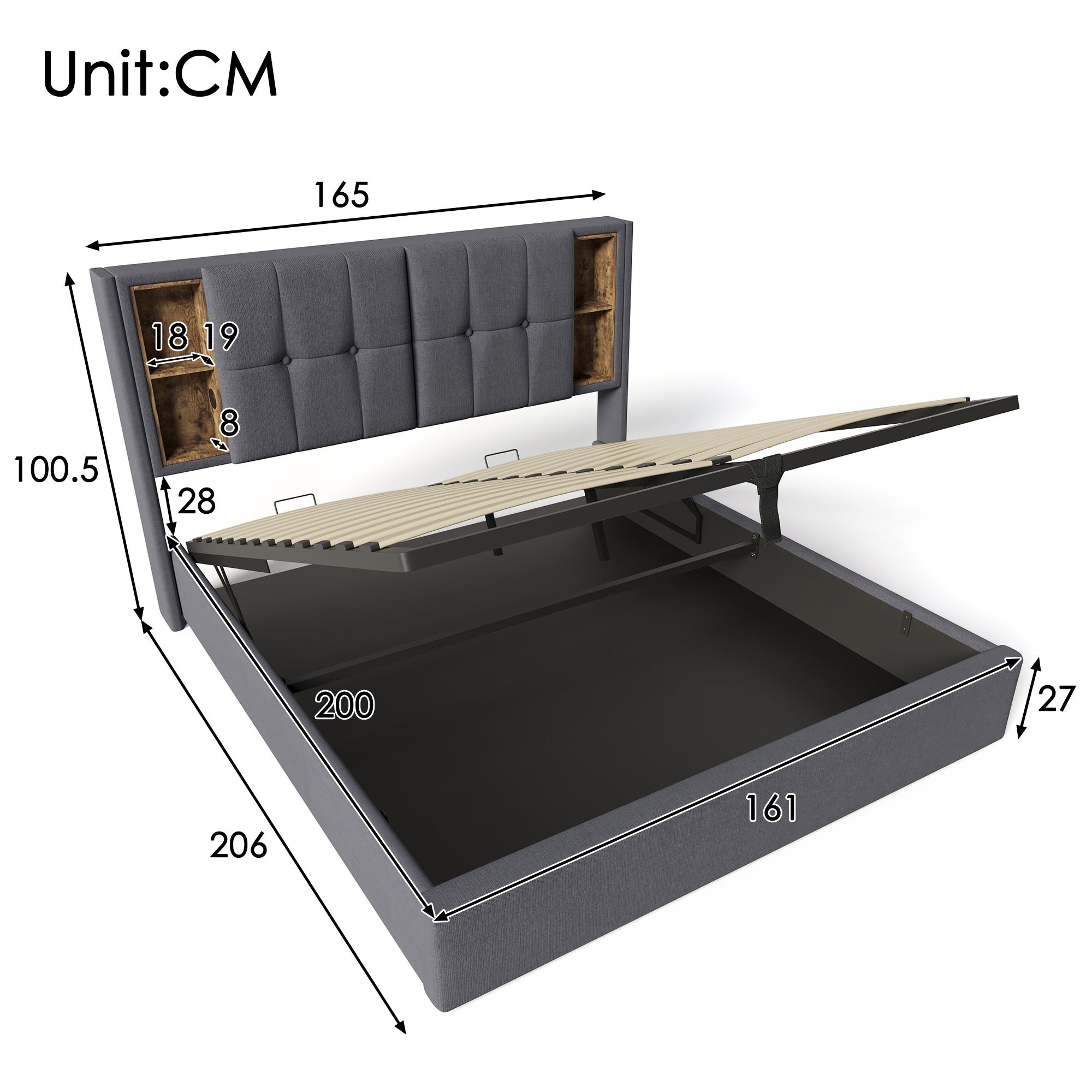 Łóżko dla dorosłych, tapicerowane łóżko podwójne 160x200 cm, z miejscem do przechowywania i bezprzewodowym ładowaniem USB C, szara bawełna - 3