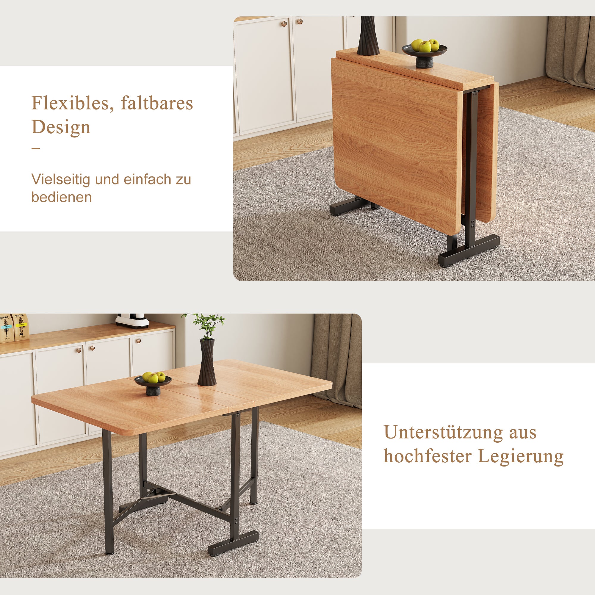 Table à manger pliable 4 à 6 couverts - L 120 x l 80 x H 75 cm - Bois MDF et métal - Naturel - 5