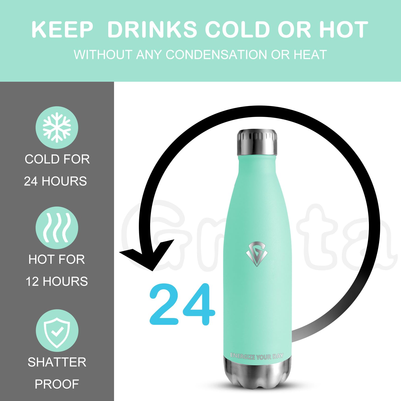 Grsta Borraccia Termica - 500ml - Bottiglia Termica Senza Perdite, Borraccia Acciaio Inox, Senza BPA, Borraccia Palestra Mezzo - Mantiene Caldo per 12 - 2