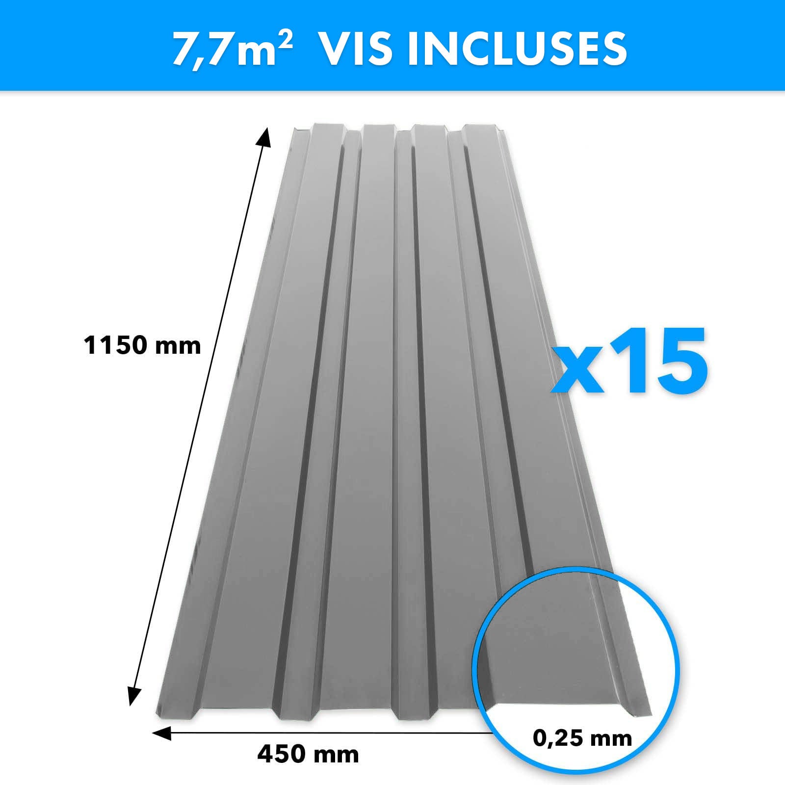 Lot de 15 tôles Couverture métallique Tôle avec vis Épaisseur : 0.25 mm, 115 x 45 cm, Gris foncé - 6