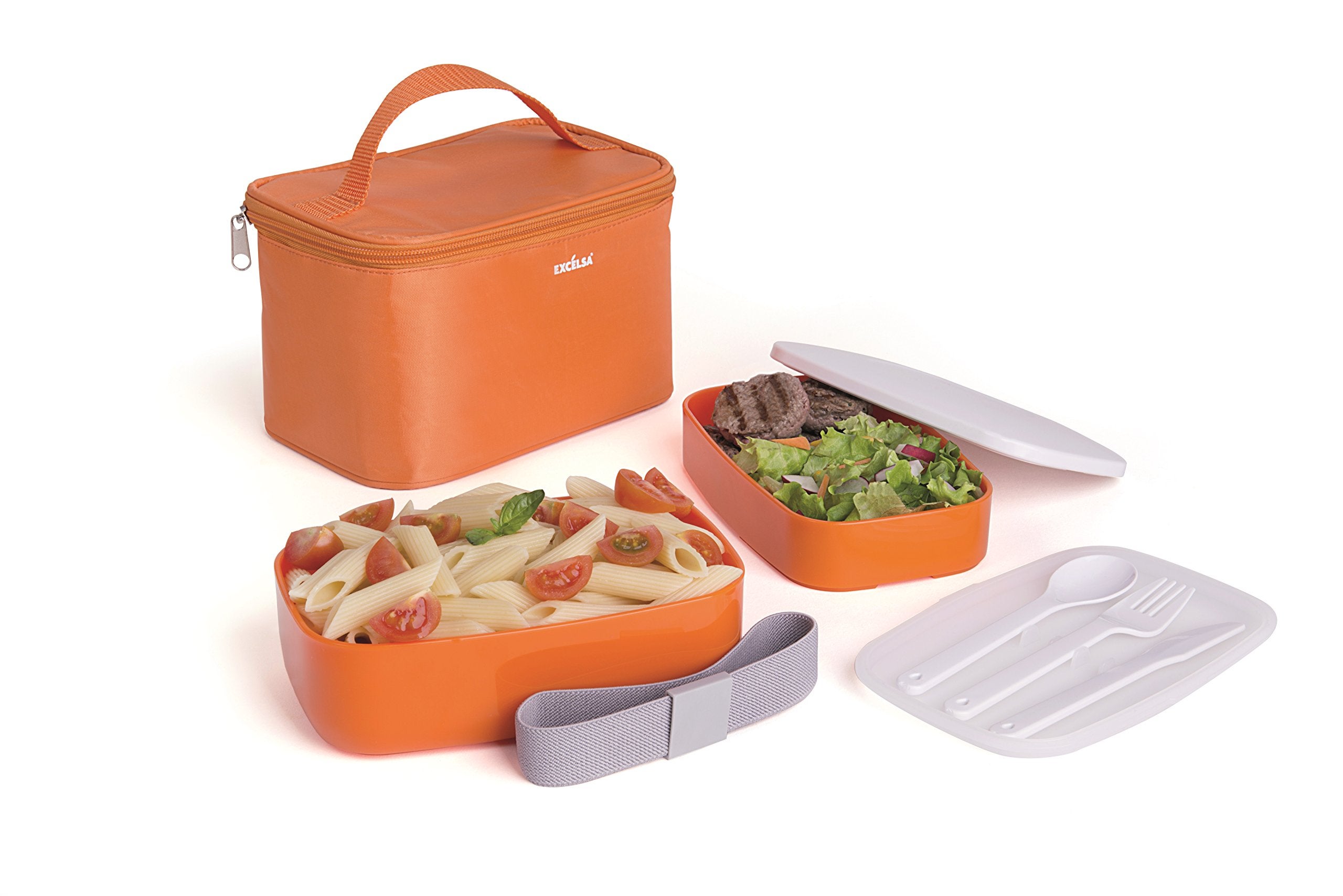 Excelsa Easy Lunchbox Porta Pranzo Termico con Posate, Plastica, Grigio/Arancione/Bianco - 2