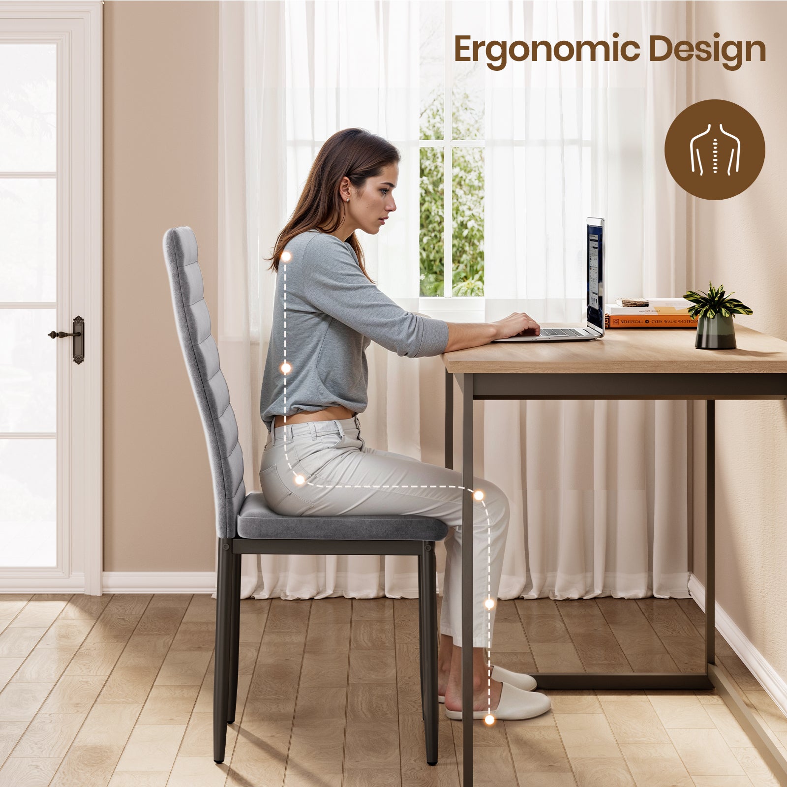 Bealife Set di 6 Sedie da Pranzo Moderne con Rivestimento in Velluto, Struttura Metallo e Piedini con Gomma Antiscivolo - Grigio Chiaro - 3