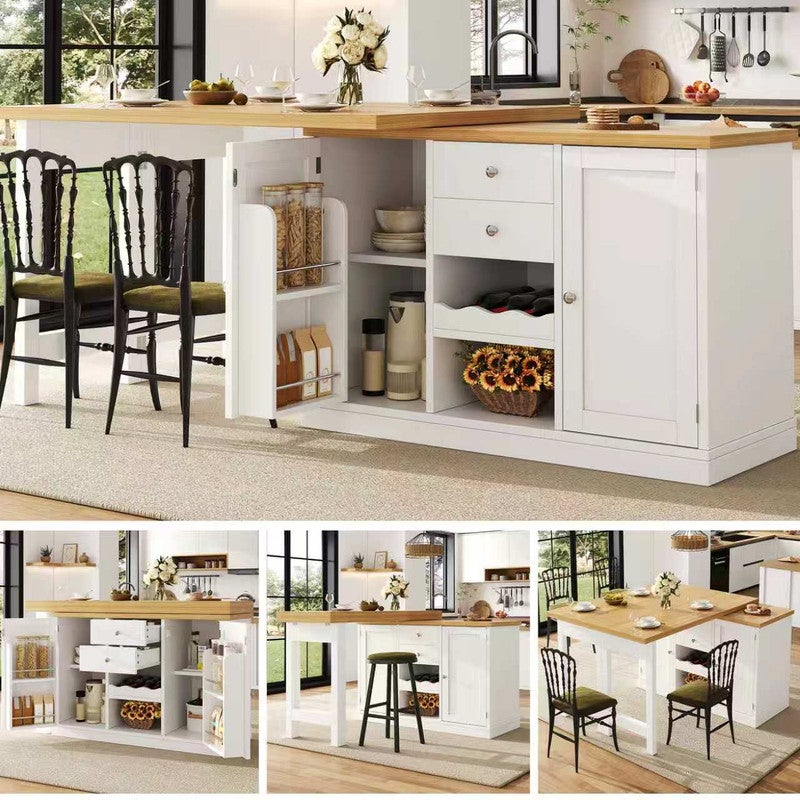 Table bar extensible,Îlot cuisine pivotant 360° avec casier à vin et rayon à grignotage,ilot central cuisine,Porte d'armoire magnétique,Blanc - 4