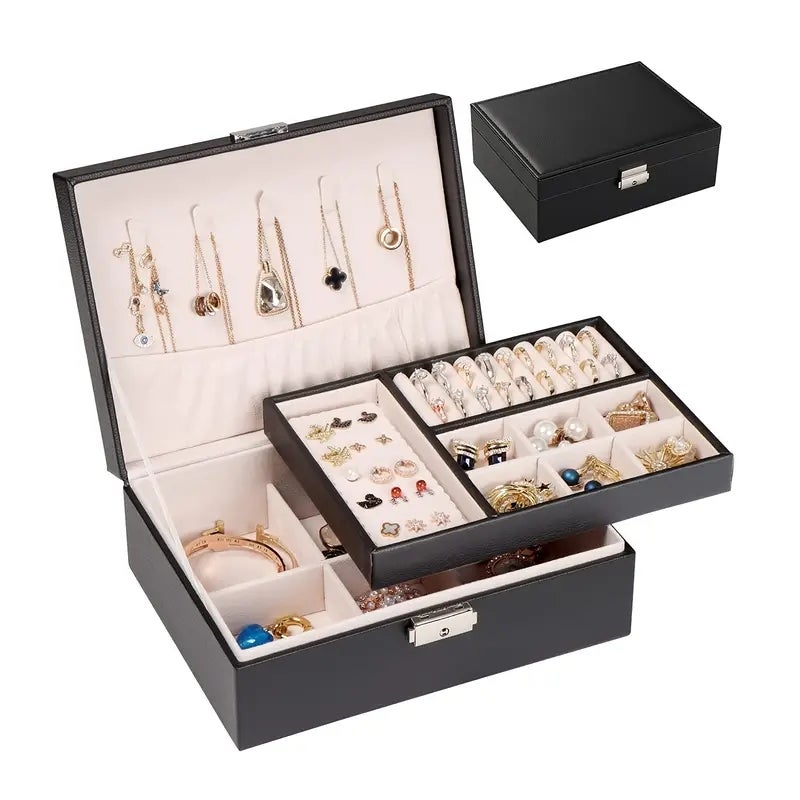 Boîte À Bijoux En Cuir Synthétique À 2 Couches Avec Verrouillage - Grande Capacité - Gris