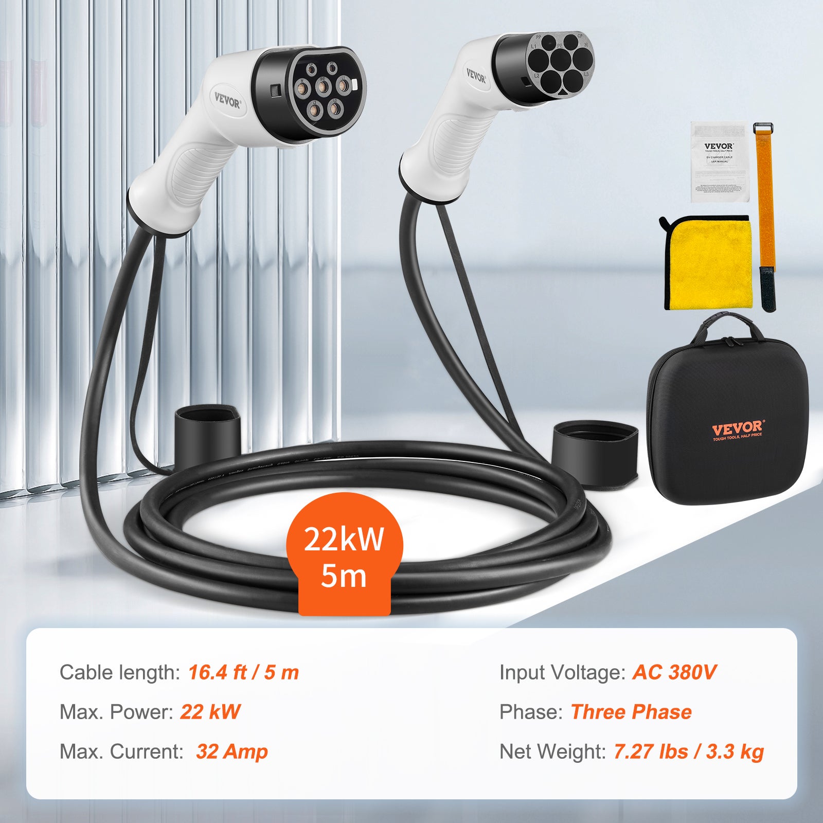 Cabo de carregamento para veículos elétricos VEVOR Tipo 2 para Tipo 2, à prova de água e poeira, trifásico, 32A 22kW, para carregamento de emergência - 7