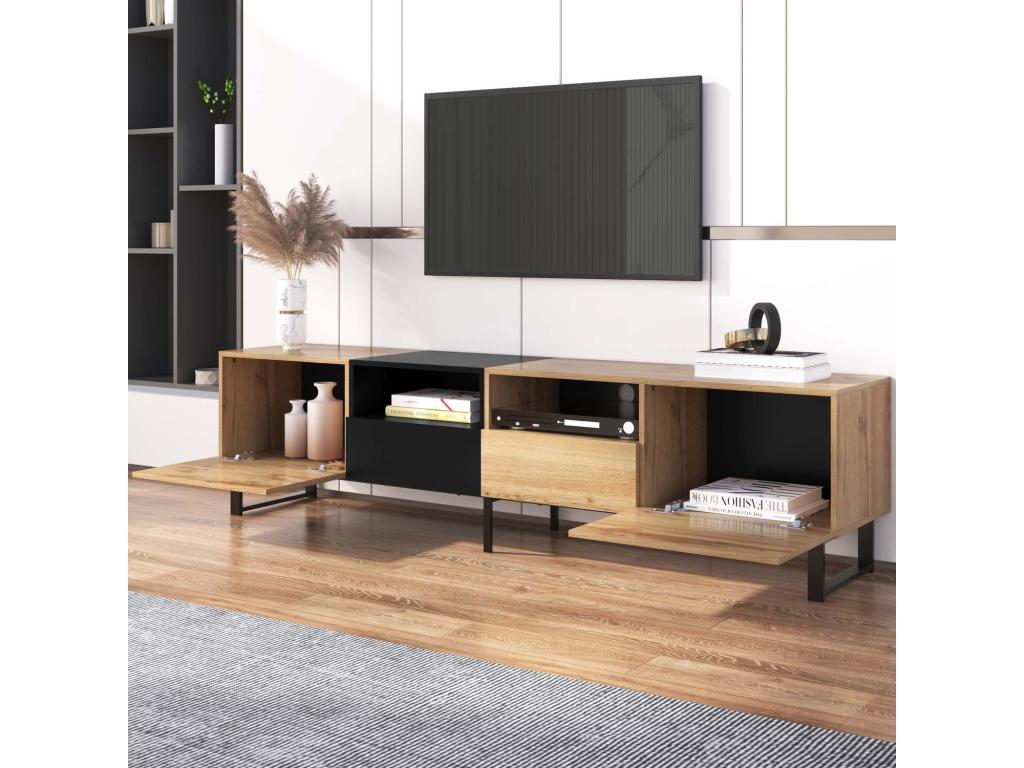 Meuble TV 190cm avec 2 compartiments et 2 tiroirs pour chambre ou salon - naturel - 2
