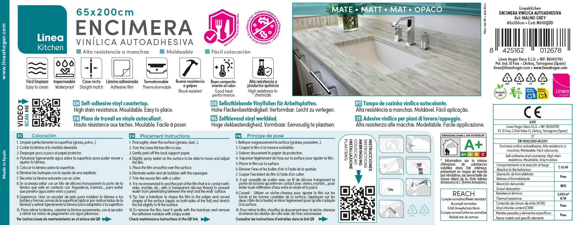 MALMO GREY: Vinyle adhésif pour plan de travail de cuisine et salle de bain. Résistant aux taches. Imperméable. Facile à poser et à nettoyer. 0,65x2m - 12