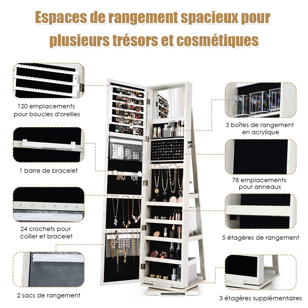 Armoire à Bijoux Pivotante à 360 Degrés sur Pieds,avec Grand Miroir Psyché et Etagère de Rangement à L’Arrière (Blanc) - 4