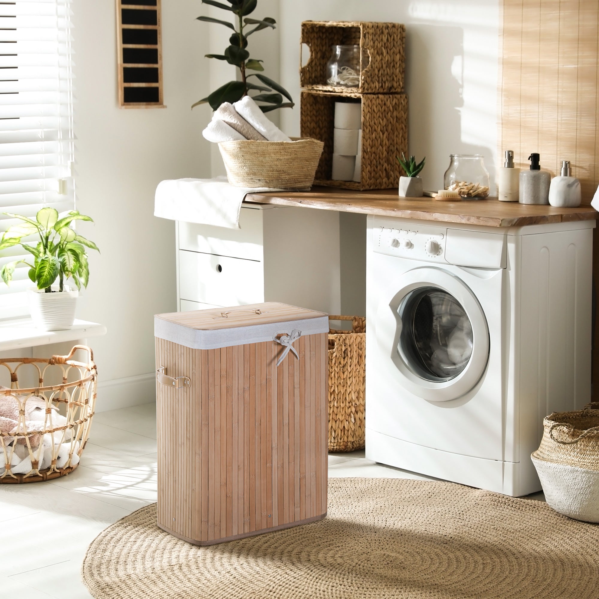 Cesto para Ropa Sucia HOMCOM Bambú, PU, bolsa de lona Bambú 40x30x60cm - 2