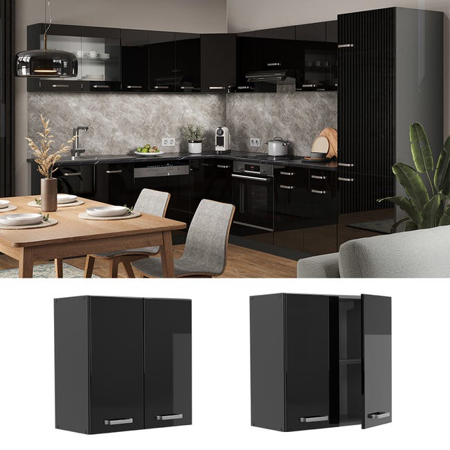 Pensile Da Cucina Vicco R-Line 60 Cm - Nero Lucido/Quercia Dorata, Con 2 Sportelli E Scaffale - Montaggio Fai Da Te