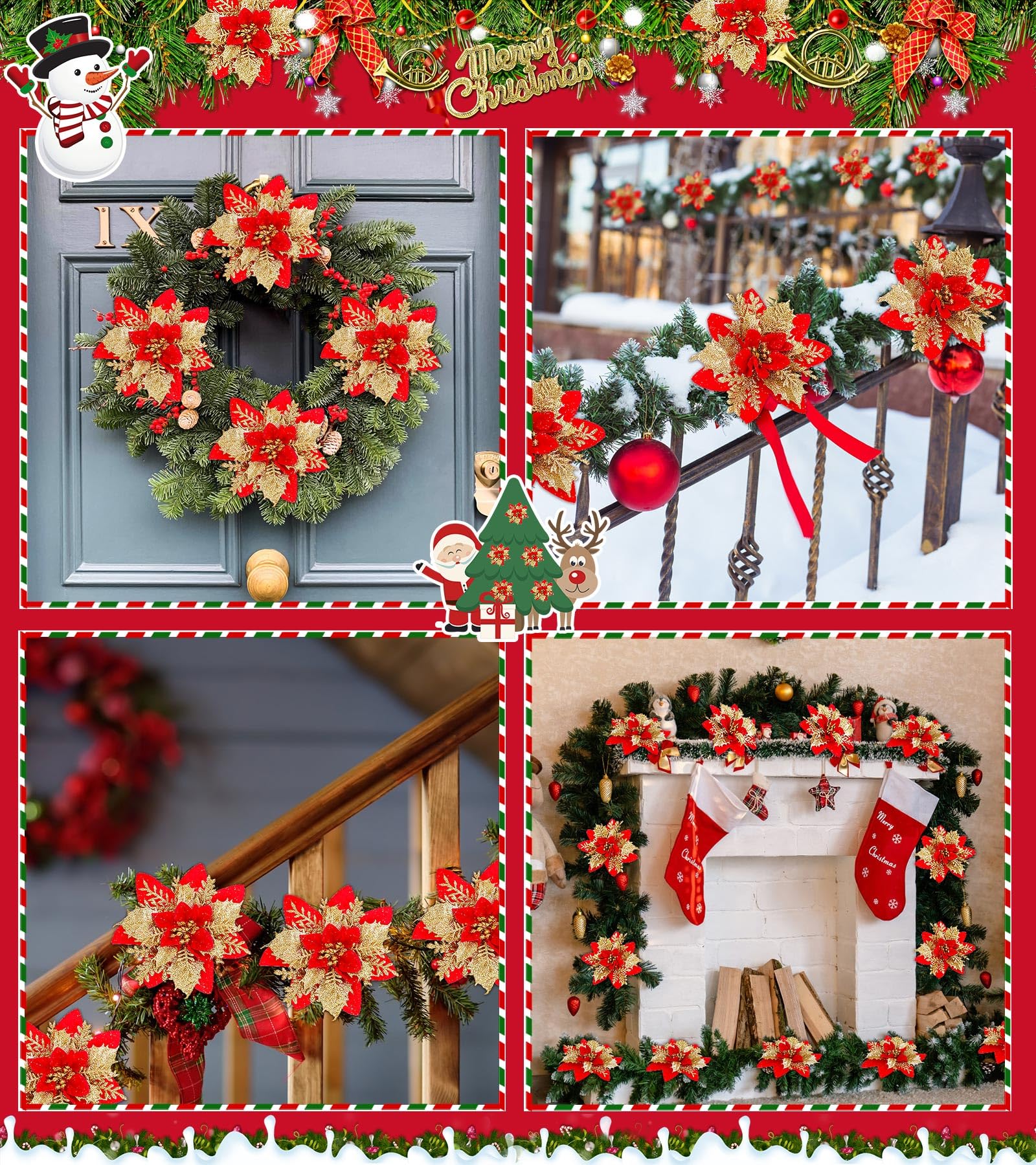 20 pièces décorations de noël, fleurs de noël artificielles avec clips, guirlande d'arbre de noël scintillante pendentifs de fleurs artificielles - 6