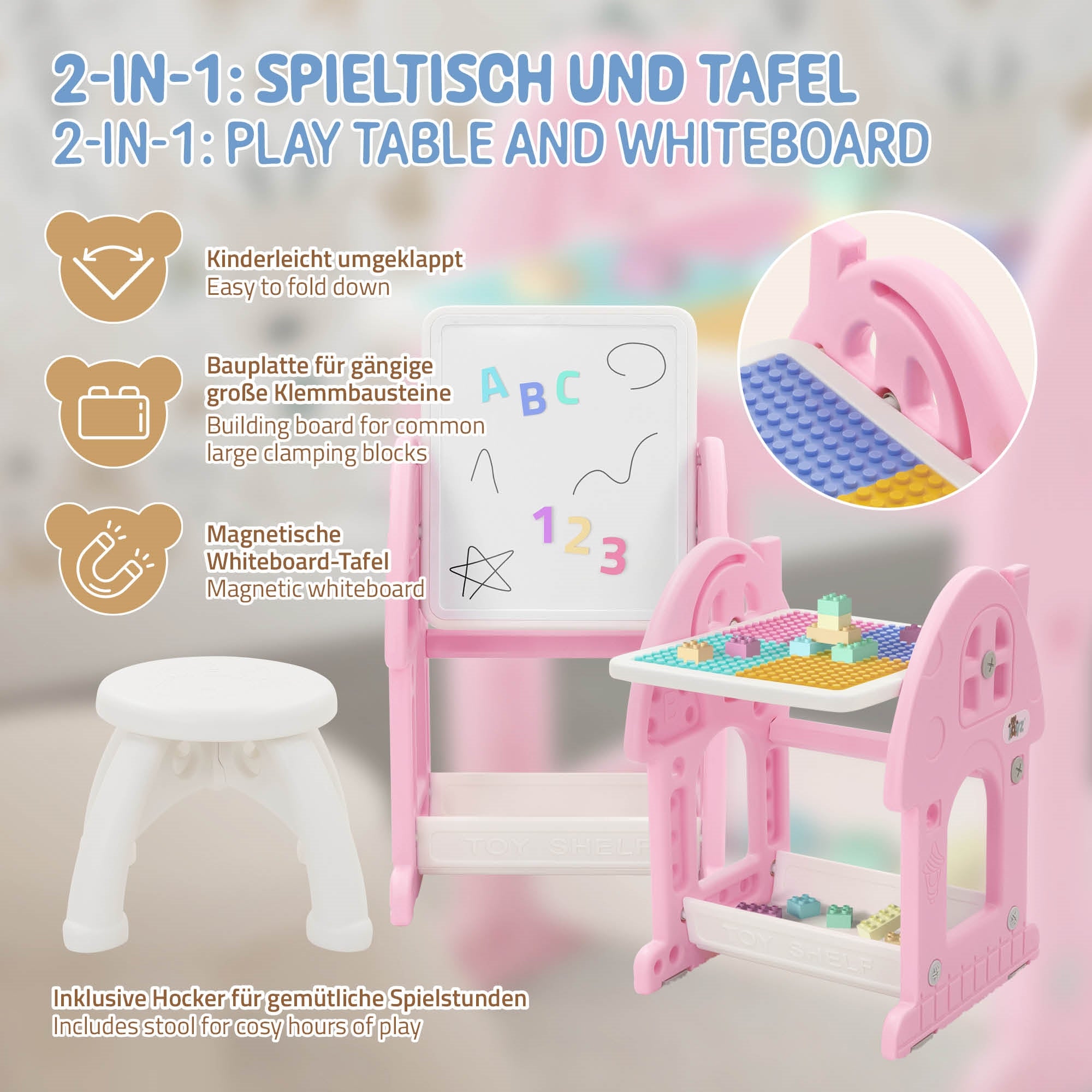 Joyz stolik dzieciecy 2 w 1 z tablica i krzeselkiem 60x50x45cm rozowo bialy hdpe stolik do zabawy dla dzieci od 3 lat taboret zestaw mebli dzieciecych - 5