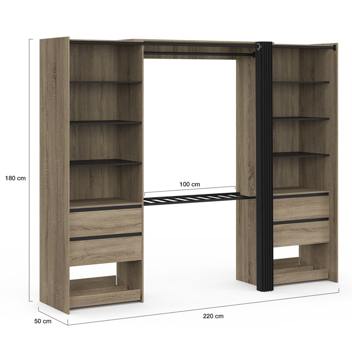 Dressing double XXL MERYL 220 cm avec porte pantalons + étagères + tiroirs + rangements à chaussures hêtre et noir - 4