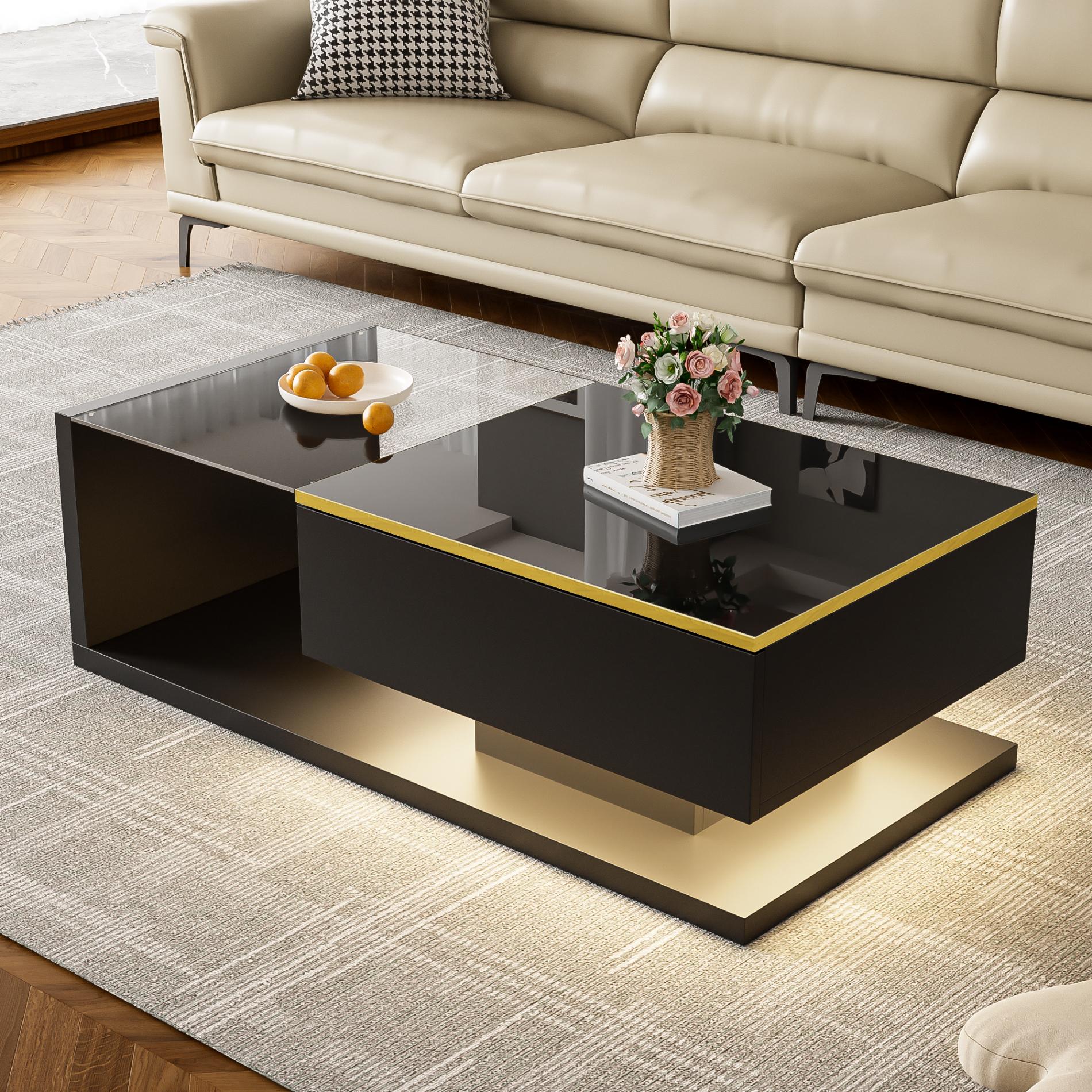 Biały, nowoczesny stolik kawowy o wysokim połysku z miejscem do przechowywania 100 cm, szklanym blatem i oświetleniem LED Bluetooth RGB