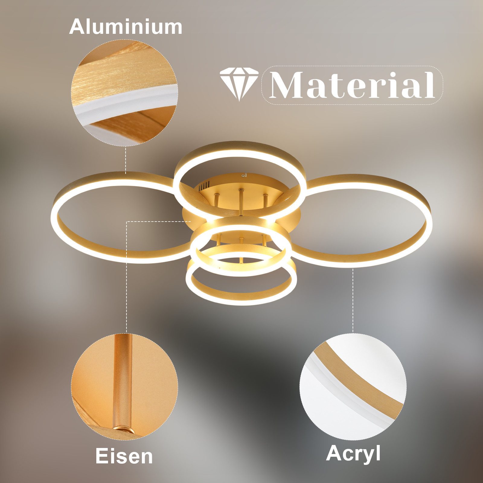 NETTLIFE Lámpara de techo LED para sala de estar, regulable, 78 W, 3000-6500 K, 5 anillos de acrílico moderno dorado con control remoto - 6