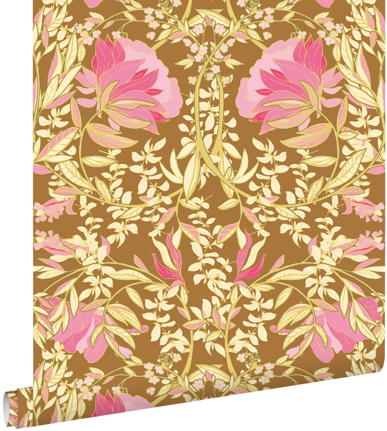 Tapeta vintage kwiaty w stylu secesyjnym zielonymIfuksji różu - 50 x 900 cm - ESTAHOME