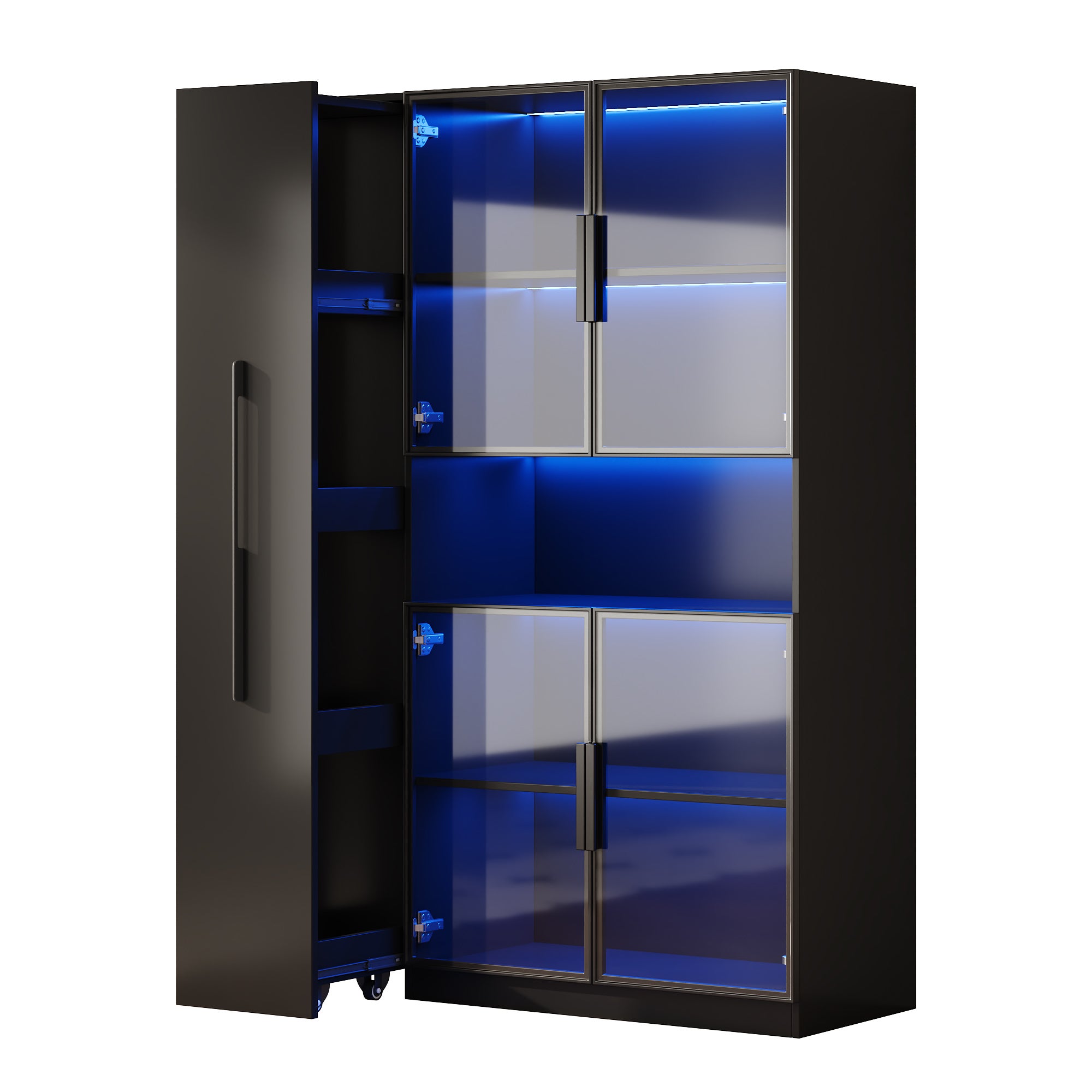Vitrine buffet 110x35x160 cm avec LED multicolore portes vitrées rangements coulissants MDF noir - 4