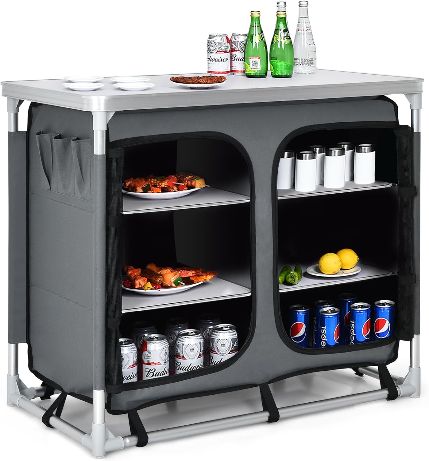 Szafka Kempingowa, Stół Piknikowy do Grillowania z Organizerem z Zamkiem Błyskawicznym i Kieszeniami Bocznymi, Torba Transportowa