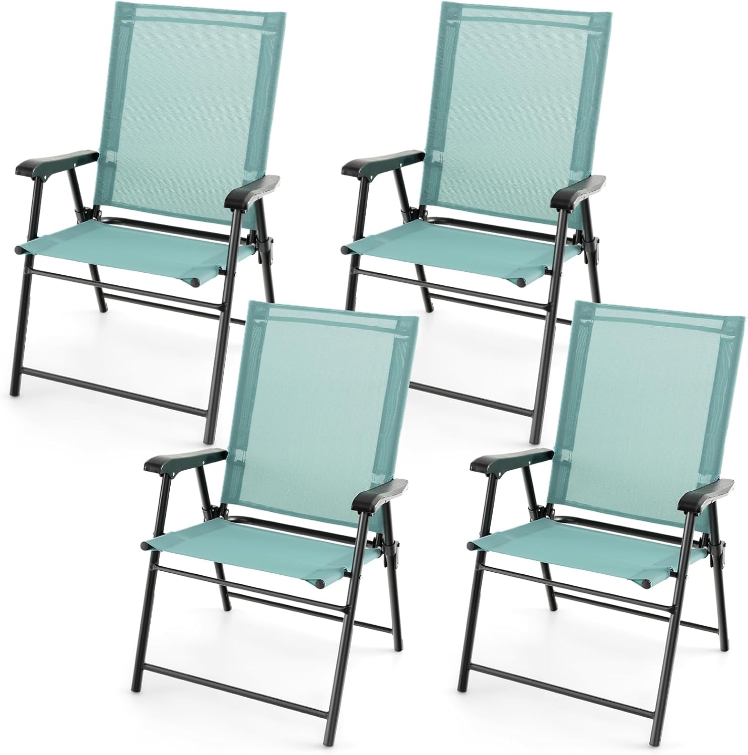 Zestaw 4 Składanych Krzeseł Ogrodowych z Poręczami, Oddychającą Tkaniną i Metalową Ramą, Krzesła z Oparciem z Tkaniny do Ogrodu, Patio, Zielony