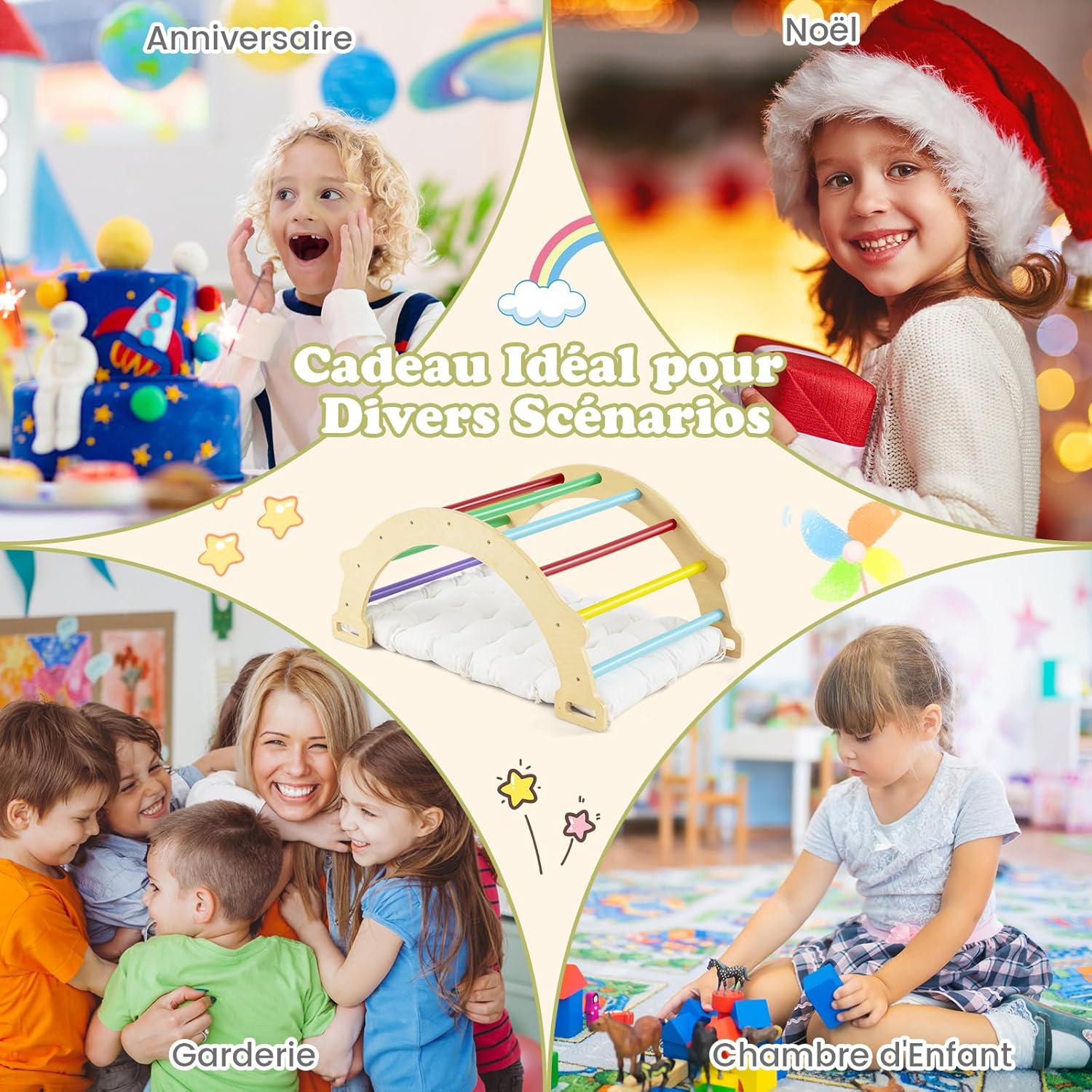 4 en 1 Arche d’Escalade en Bois Enfants avec Coussin Moelleux, Arche à Bascule, Charge 50KG, 3 Ans+ - 8