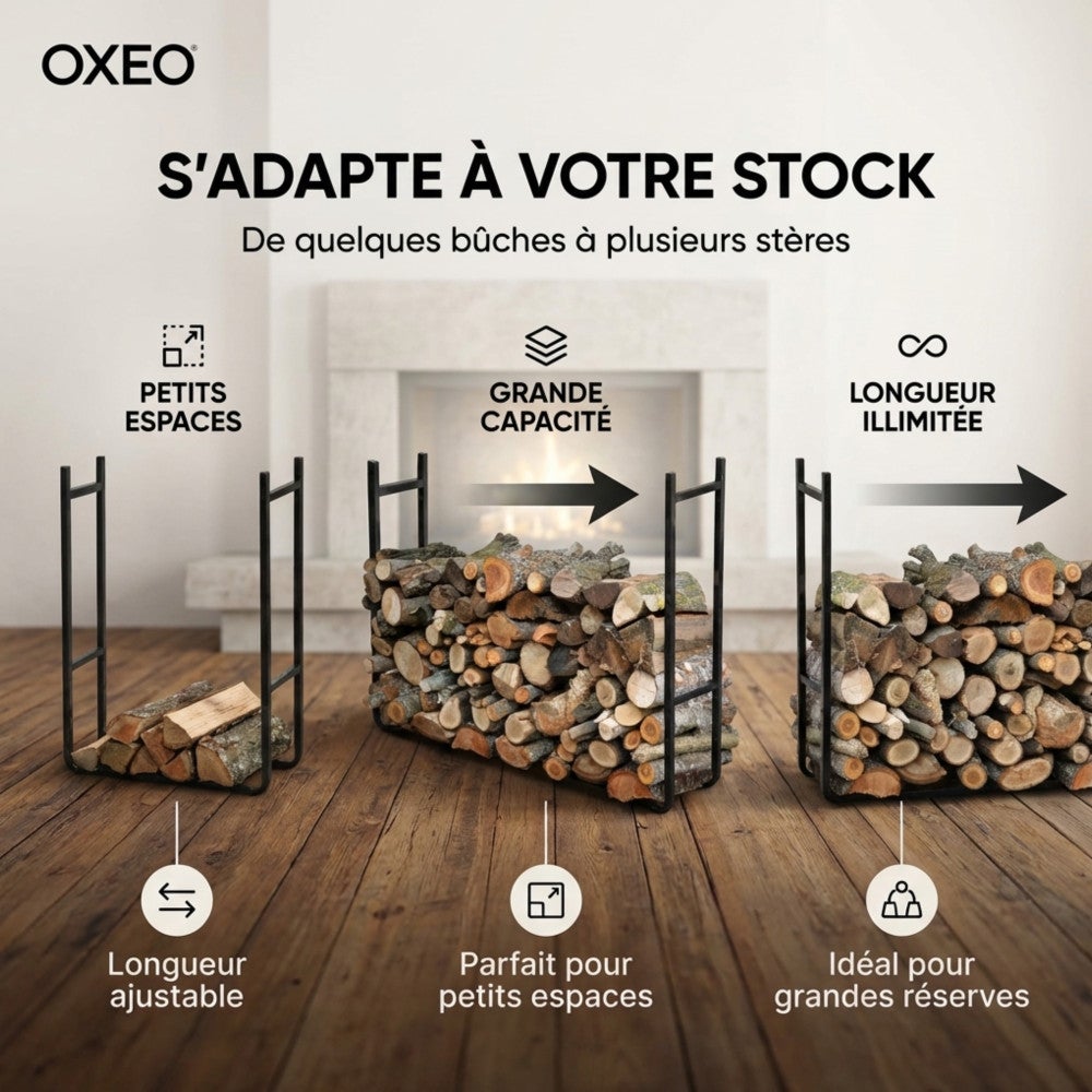 Range bûches XXL extensible - Range bois grande hauteur grosse capacité - Hauteur 1.5 m - Acier revêtement époxy - 3