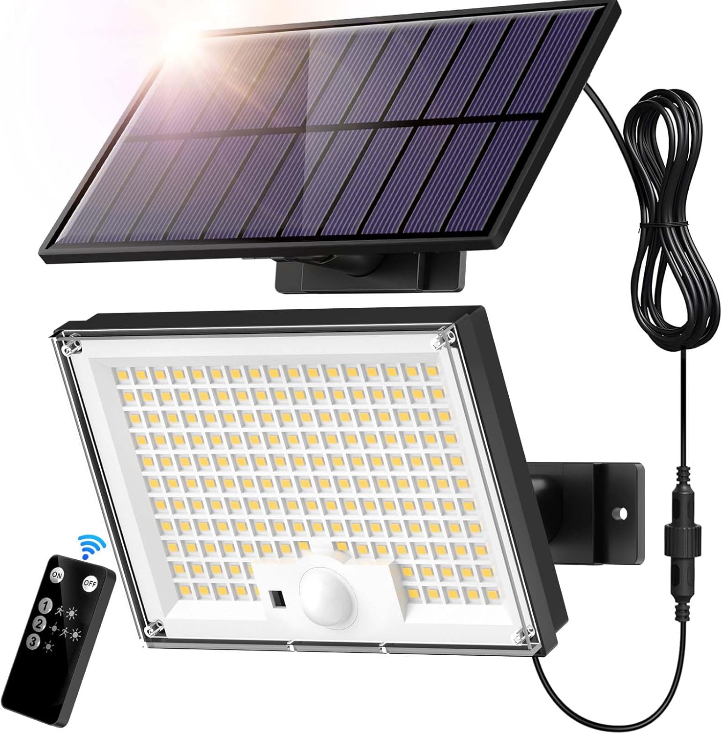 Zewnętrzna lampa solarna 172 LED, 3 tryby świecenia, zewnętrzny czujnik ruchu, lampa solarna IP65, zewnętrzne oświetlenie solarne