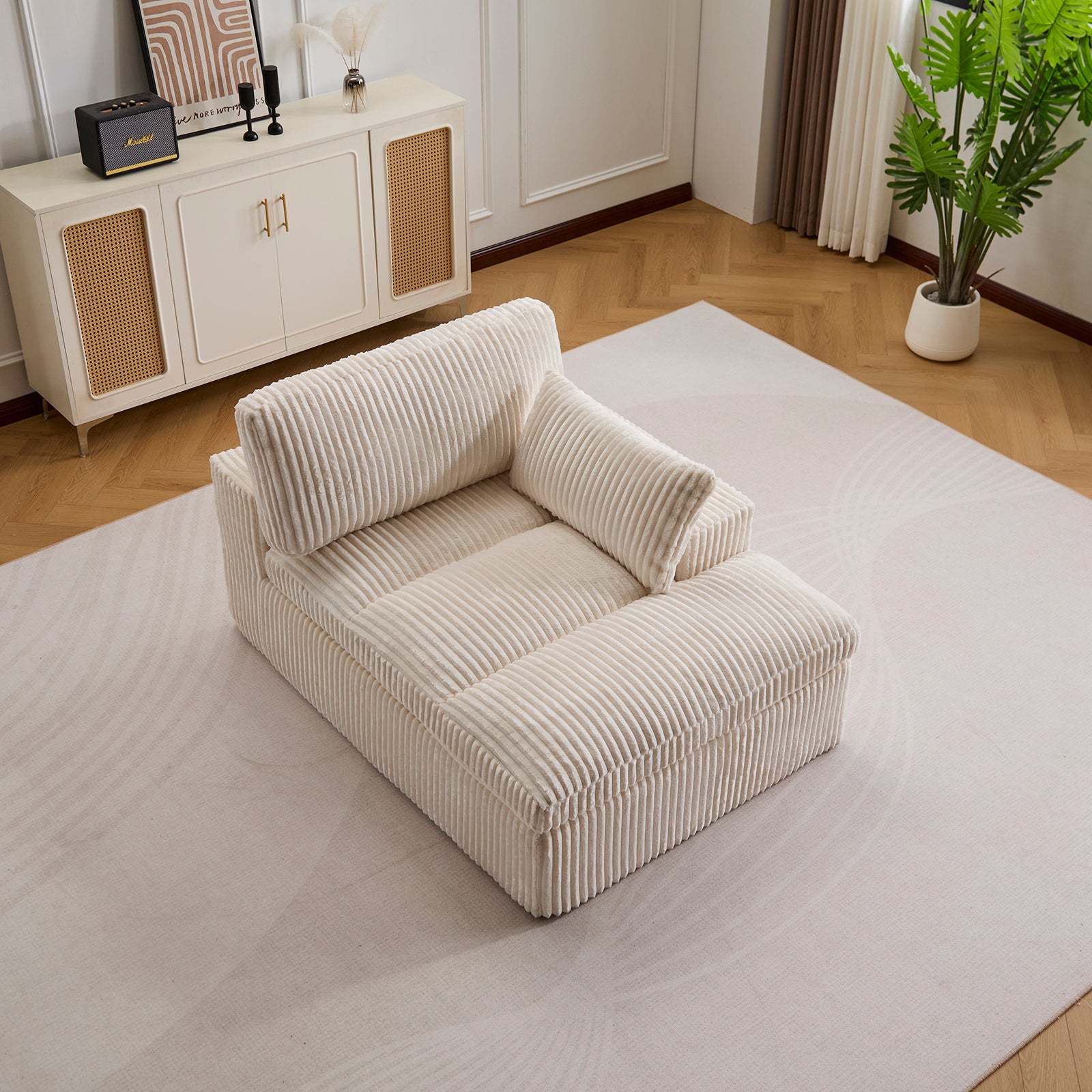 Canapé-lit modulable en velours côtelé avec chaise longue, design prêt à l'emploi, spécialement conçu pour les appartements compacts, blanc - 3