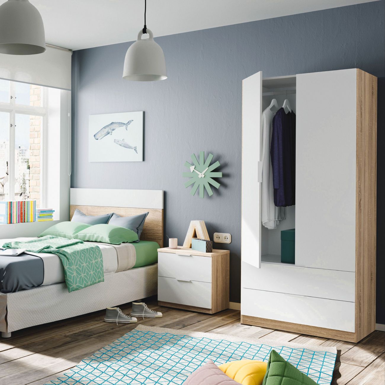 Roupeiro Low Cost 2 portas 2 gavetas Blanco Artik (Blanco Mate) - Roble Canadian 81,5(armario)/75(cajón) x 180(armario)/13(cajón) x 52(armario)/45(caj - 3