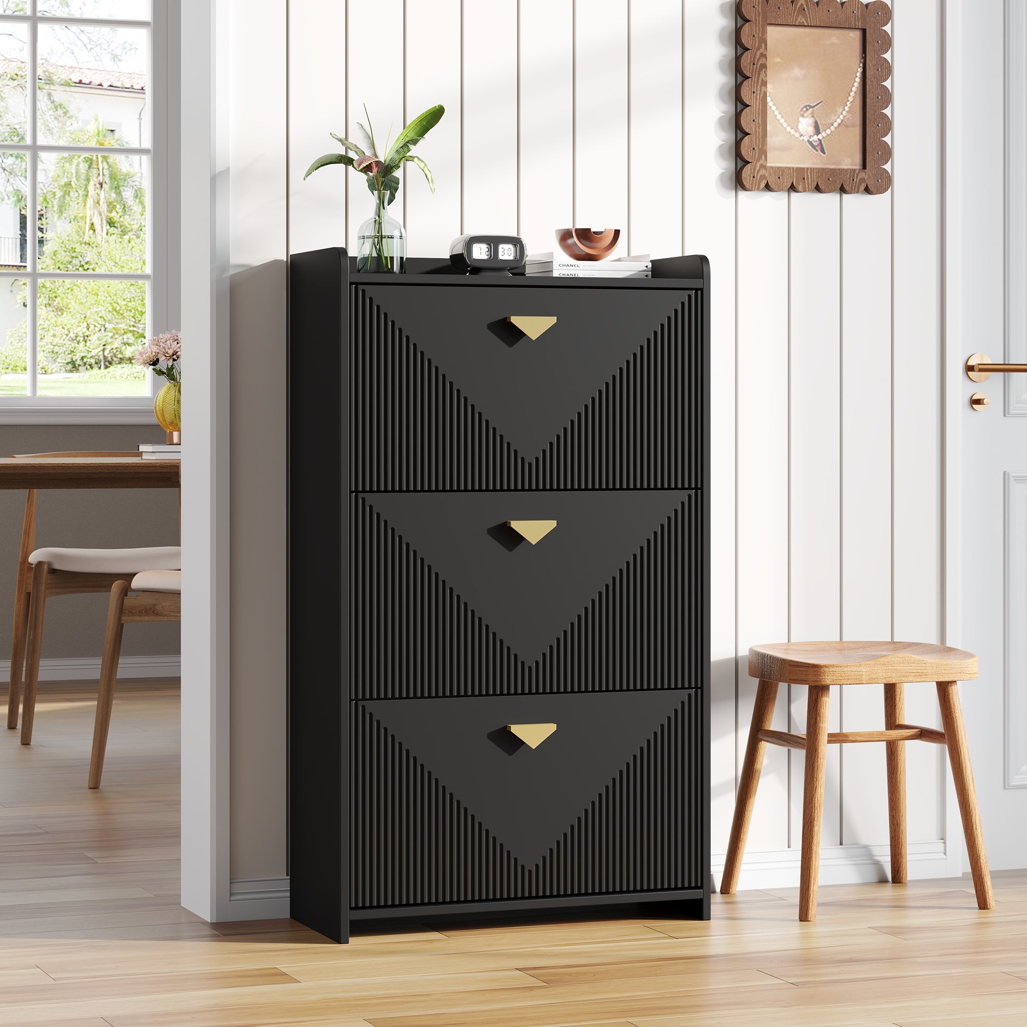 Meuble à chaussures avec 3 portes rabattables - 70 x 30 x 120 cm - MDF - Noir - 6