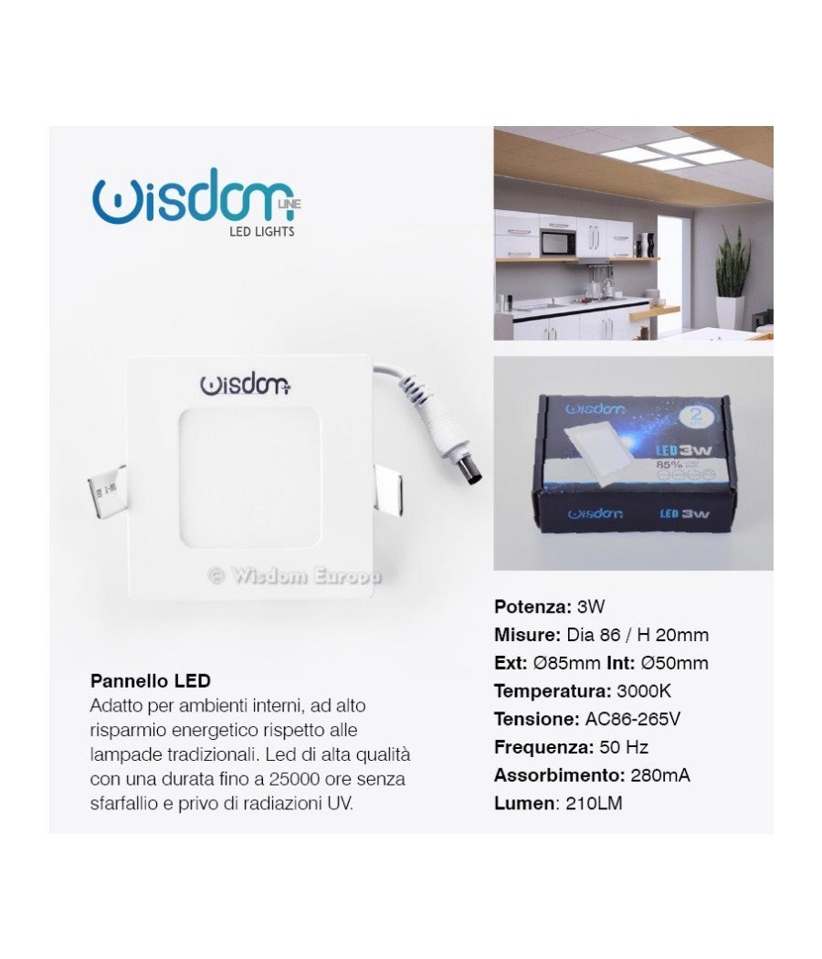 Trade Shop - Pannello A Led Tondo O Quadrato Ad Da Incasso Luce Fredda Calda Neutra Wisdom - Bianco Freddo-3 Watt -quadrato - - 2