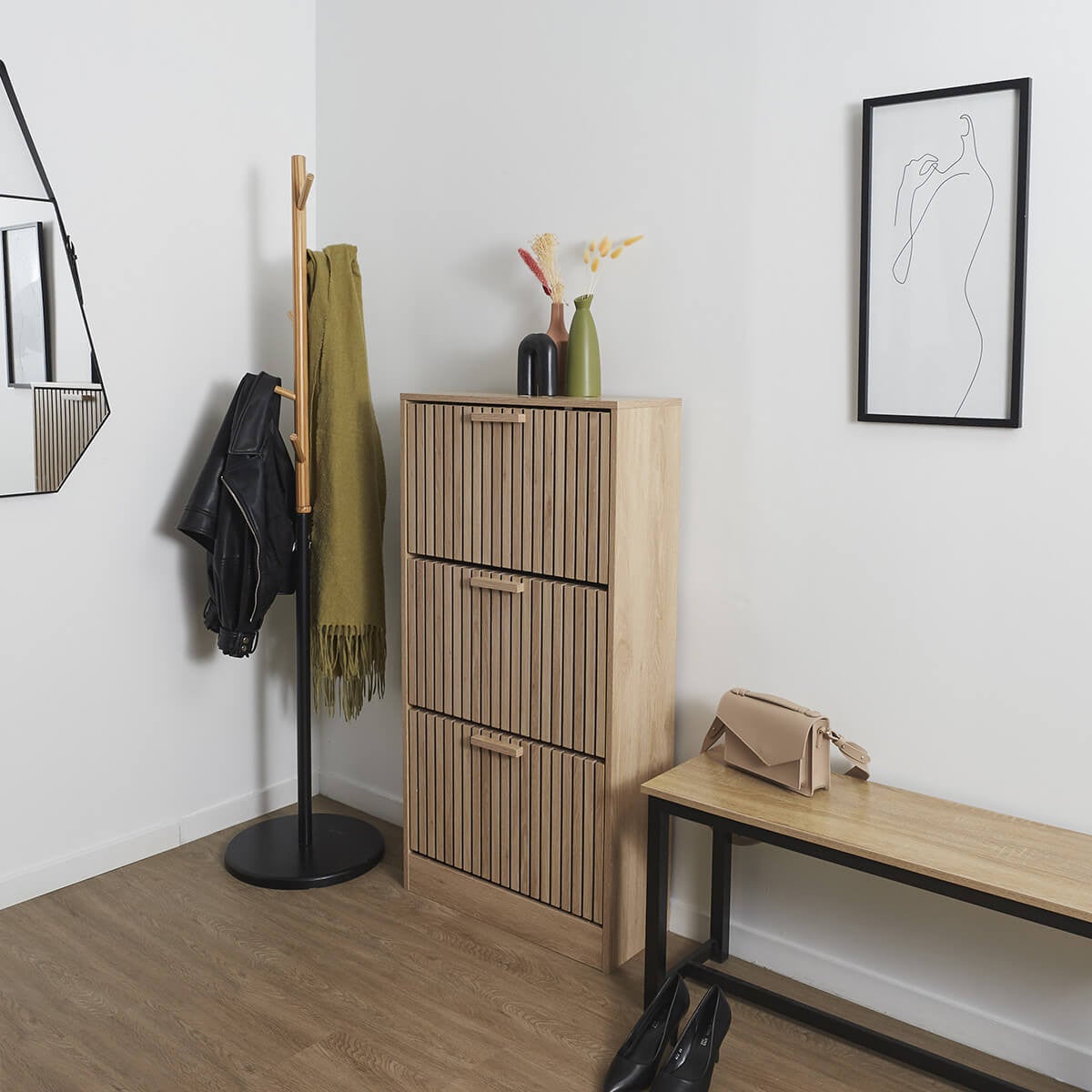 PAJAN - Meuble à Chaussures 3 Portes Basculantes Effet Bois avec Tasseaux - 2