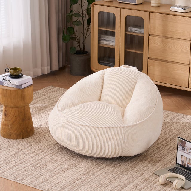Pouf avec dossier ergonomique – Fauteuil poire en velours côtelé – Siège souple pour intérieur – 90x90x59 cm – Beige