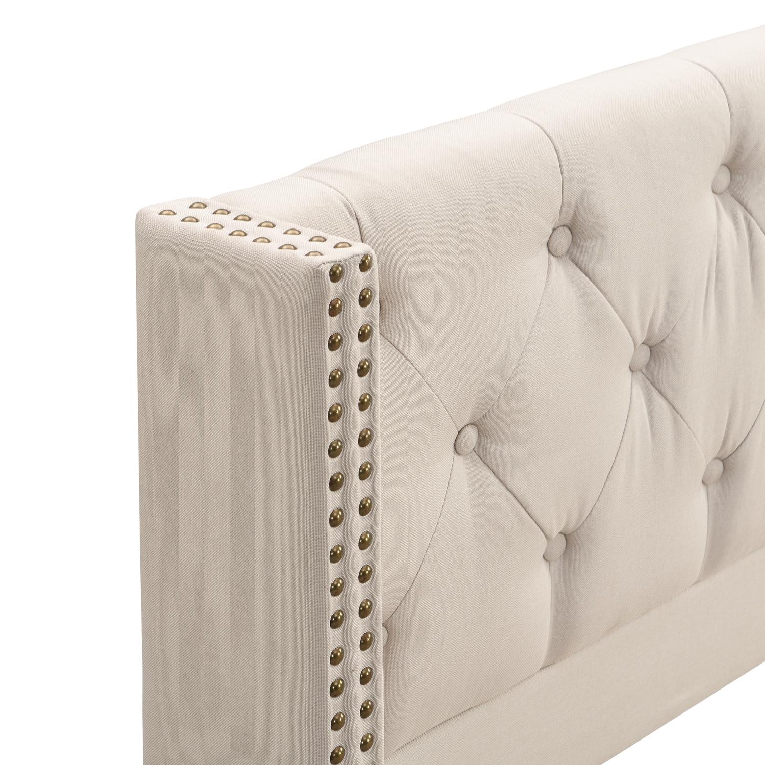 Łóżko dwuosobowe tapicerowane lnem - 180x200 cm - z stelażem na listwach - Beżowe - 6