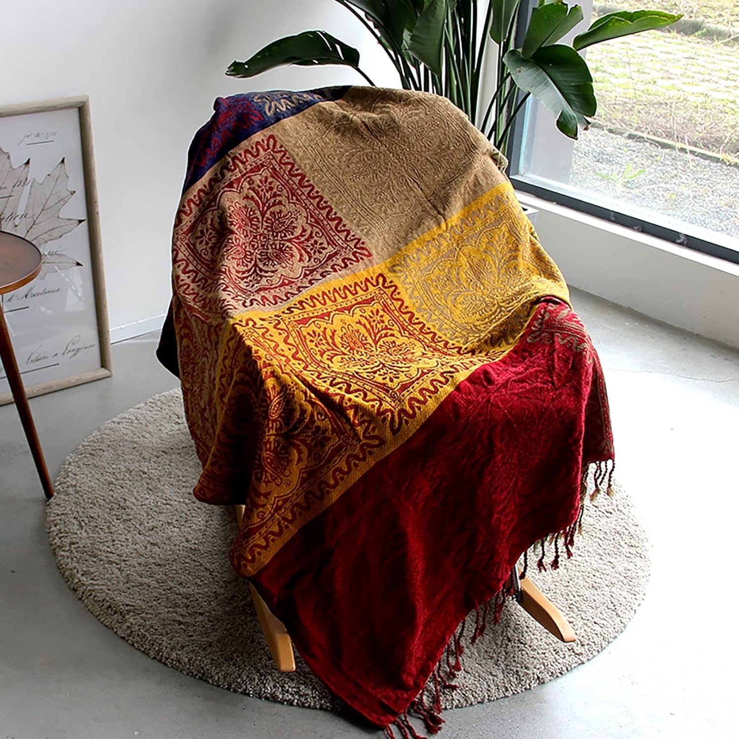 DECMAY Coperta double-face per divani grandi, stile bohémien, con nappe, 100% cotone, per divani, letti e poltrone, arancione, 150 x 200 cm