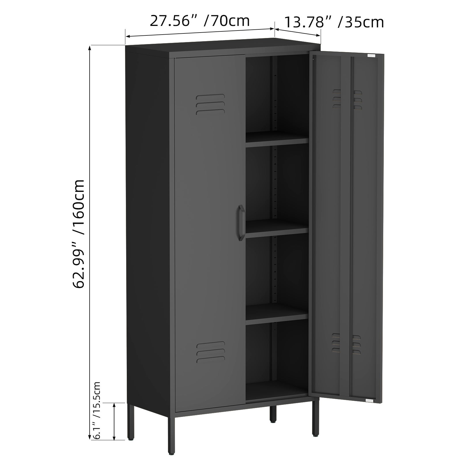 Armario alto de metal negro con 2 puertas y estantes ajustables, armario utilitario multifuncional para oficina en casa, cuarto de servicio y garaje. - 7
