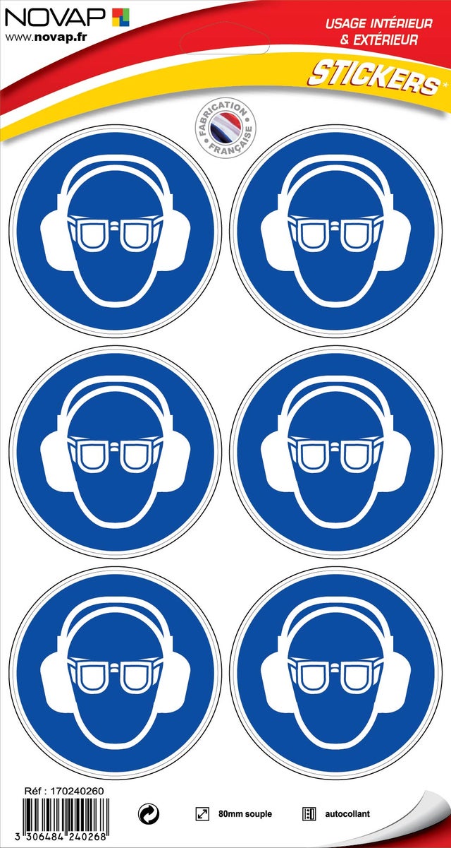 Planche 6 Pictogrammes Ø 80mm - Obligation de Porter des lunettes et un Casque Anti-bruit - 4240268